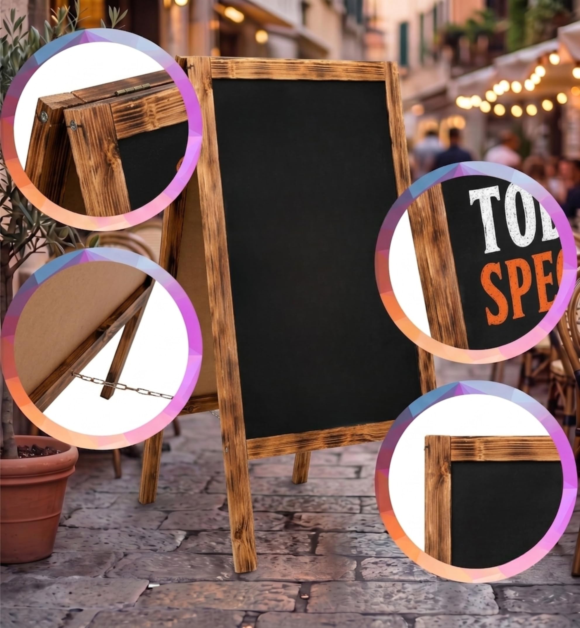 VELORA H&L Pizarra Caballete 60 x 120 cm Madera Quemada – Pizarra Doble Cara de Madera para Bar Restaurante Cafetería y Comercio, Caballete Publicitario Plegable para Exterior, Pizarra de Menú