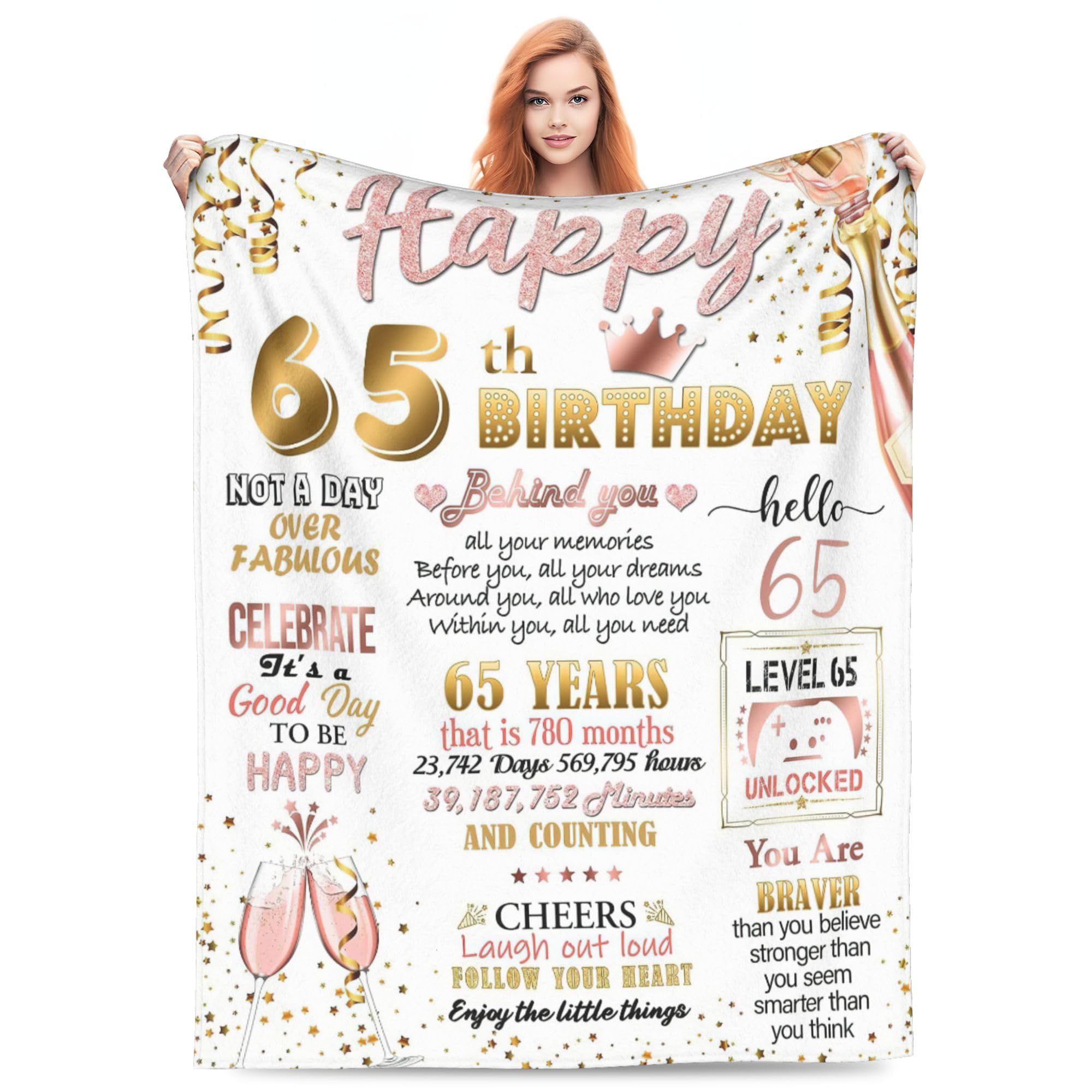 Xinvast 65th Birthday Gifts for Women,Super Soft Flannel Fleece 65th Throw Blanket Lightweight Plush Fuzzy Bed Blanket for Couch 50"X60"