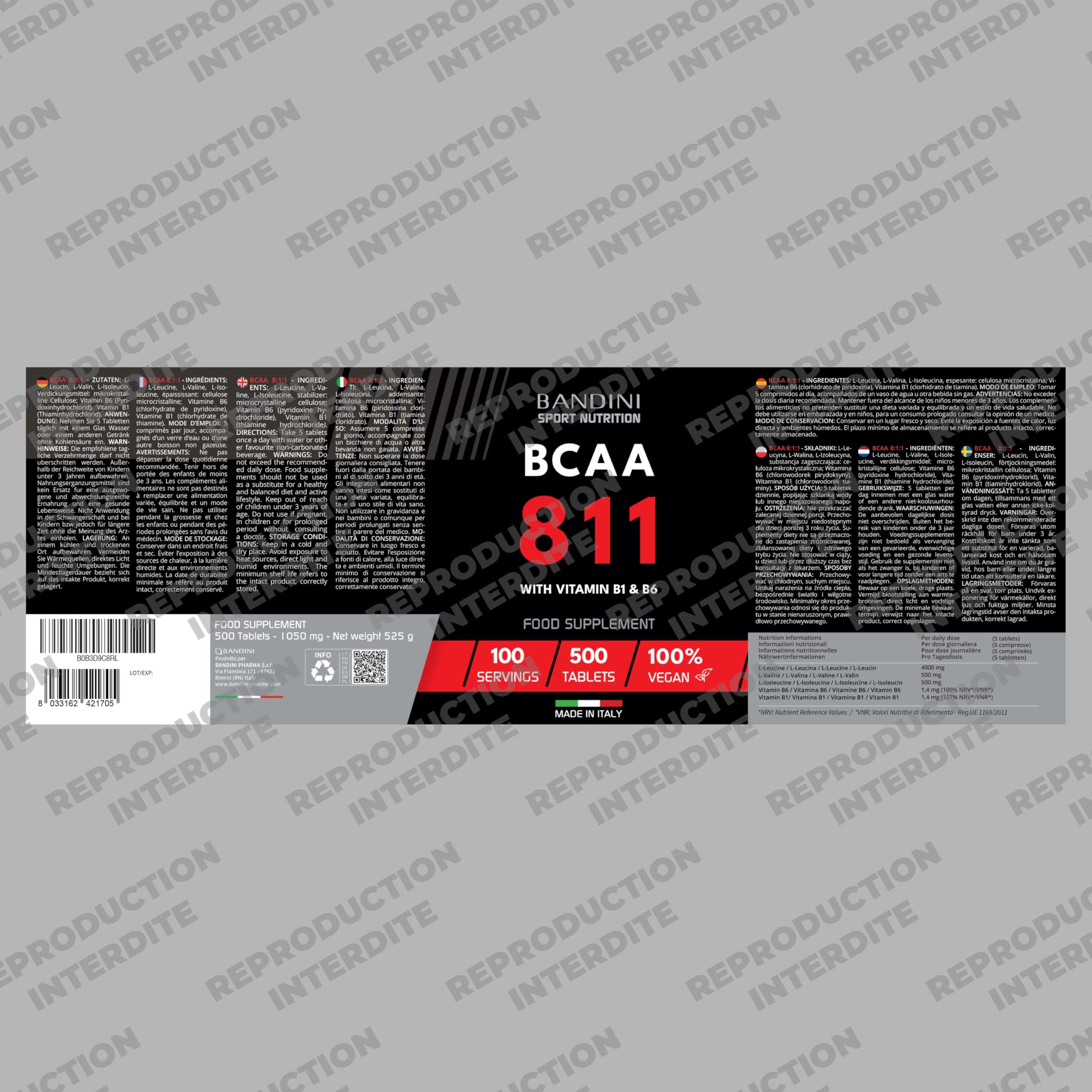 Bandini® BCAA 8:1:1 500 Comprimés | Acides Aminés à Chaîne Ramifiée 8.1.1 | | Leucine, Isoleucine, Valine + Vitamine B1 et B6 | Sans gluten et sans lactose | Supplément Pré et Post Workout | 100% Vegan