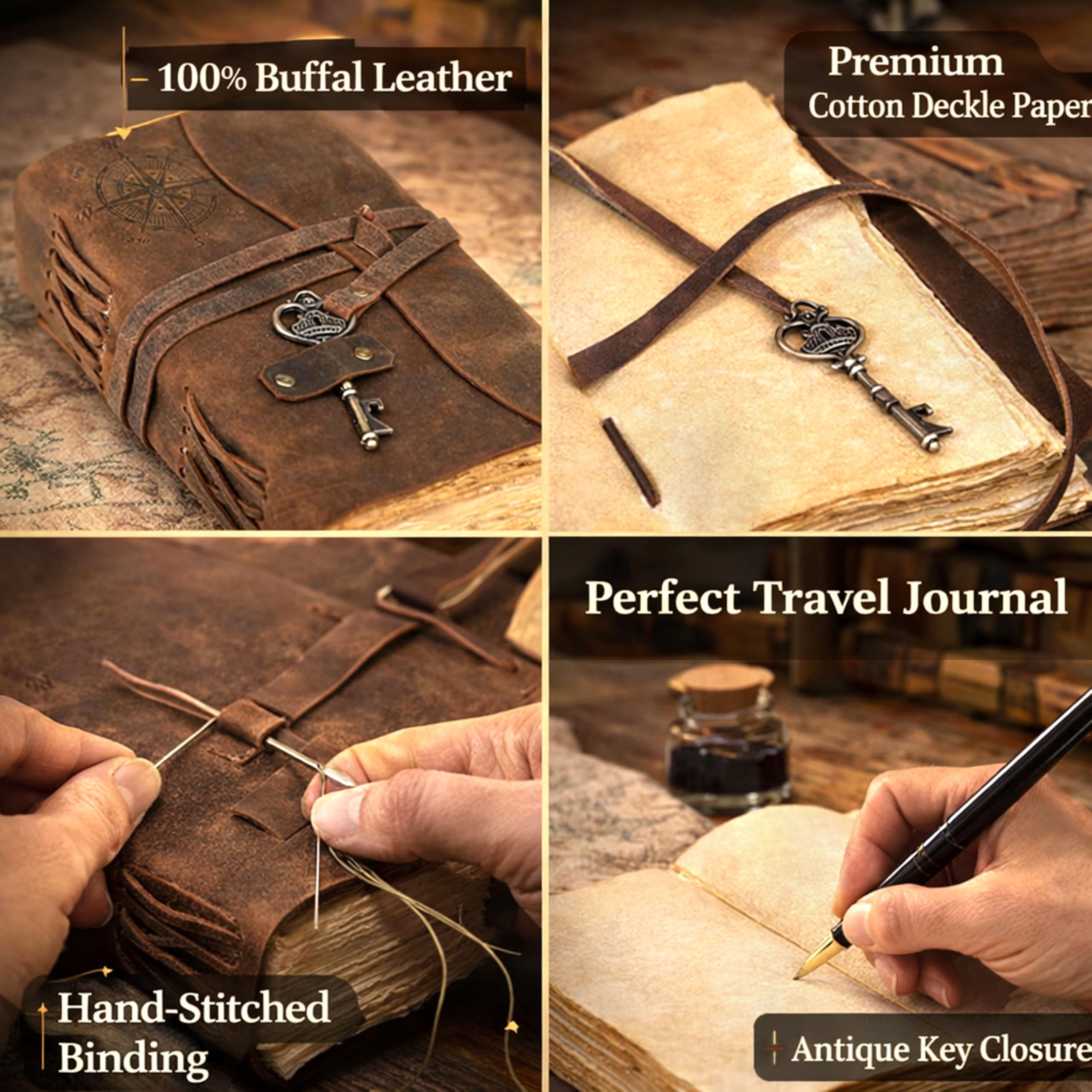 Boussole Journal vintage en cuir – Journal relié en cuir antique fait à la main avec papier à bords surélevés pour homme et femme – Carnet de croquis en cuir – Carnet de dessin – Cadeau (marron