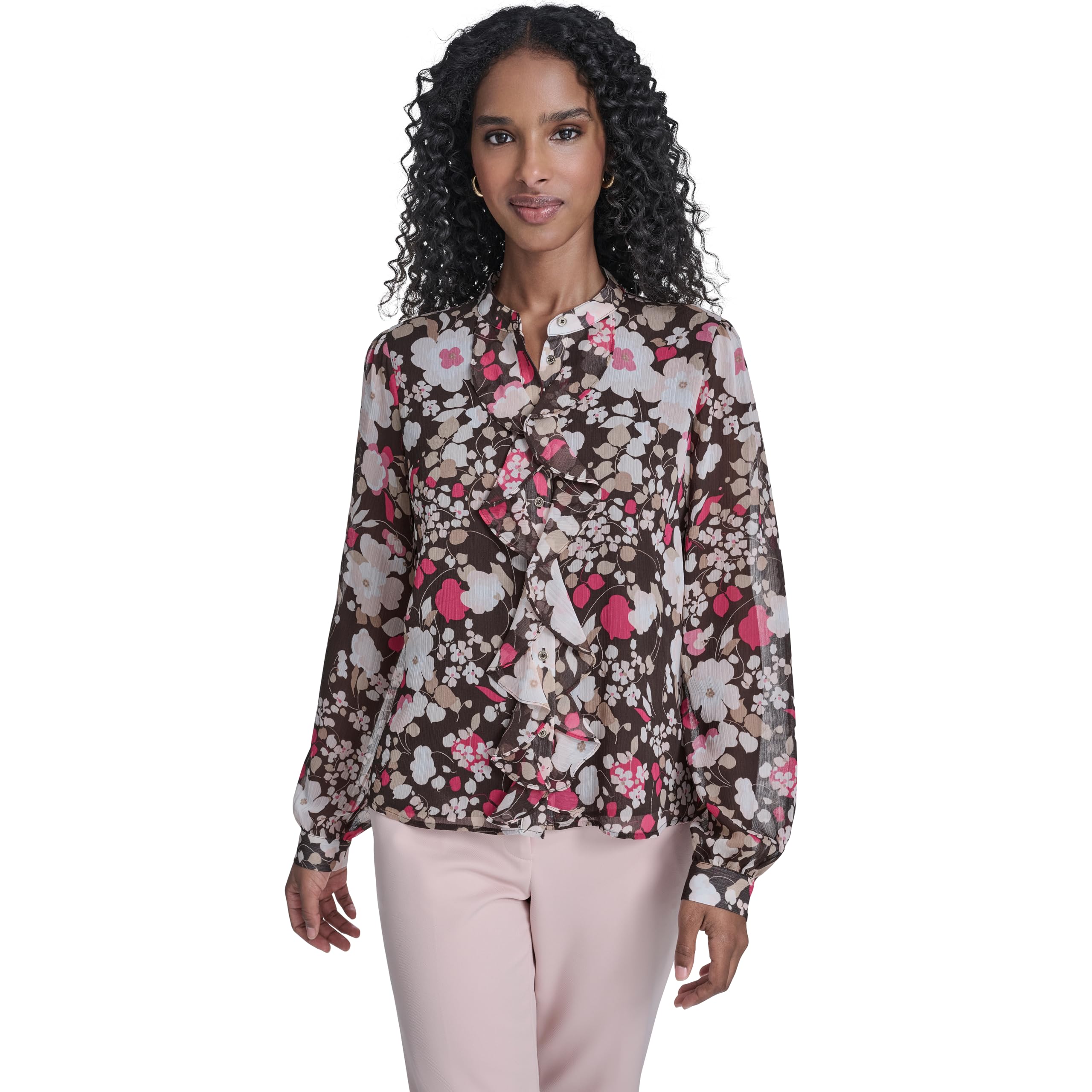 Women's Long Sleeve Printed Ruffle Front Woven Blouse