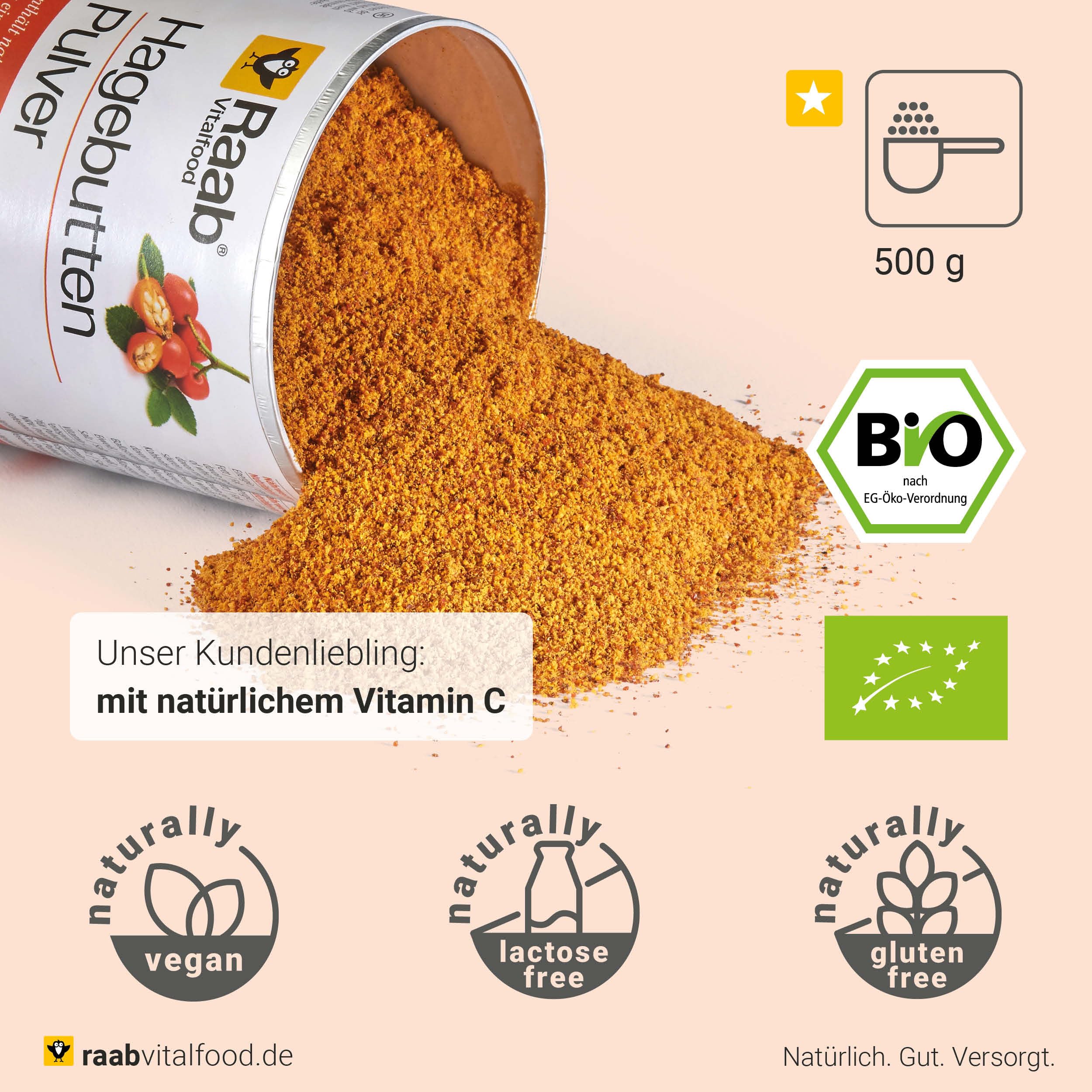Raab Vitalfood Bio Hagebutten-Pulver, Premium-Sorte AP-4 Hagebutte aus dem Süden von Chile, mit natürlichem Vitamin C für eine normale Kollagenbildung & Knorpelfunktion (500g)