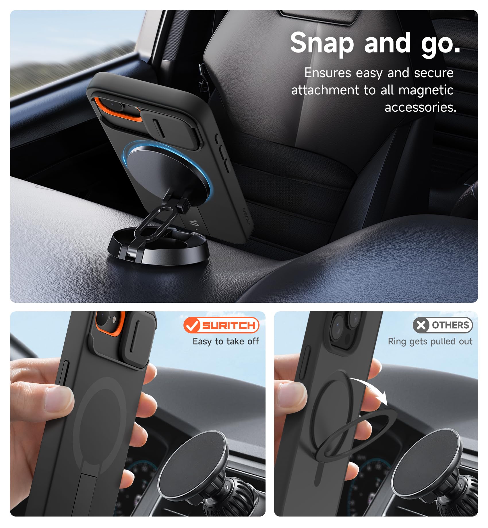 SURITCH Funda Magnética Compatible con iPhone 16e/17e, Carcasa de amortiguación a Prueba Protectora con Tapa de cámara Deslizante y Soporte Ajustable(Negro)