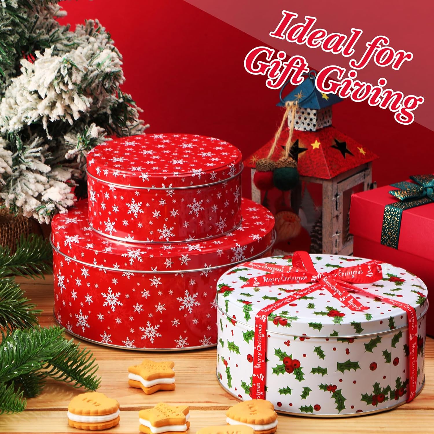 Yaomiao 9 Pcs Christmas Cookie Tins Set 3 Sizes Decorative Cookie Boxes Christmas Tins with Lids Holiday Treats Round Metal Nesting Containers Candy Biscuits Treat Boxes(Snowflakes, Red Berries)