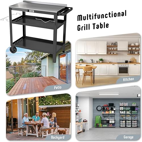 Miniatura 8 de Carrito de parrilla para exteriores de 31.5 x 18 pulgadas con mesa de acero inoxidable, mesa de parrilla móvil con estante de condimentos y soporte