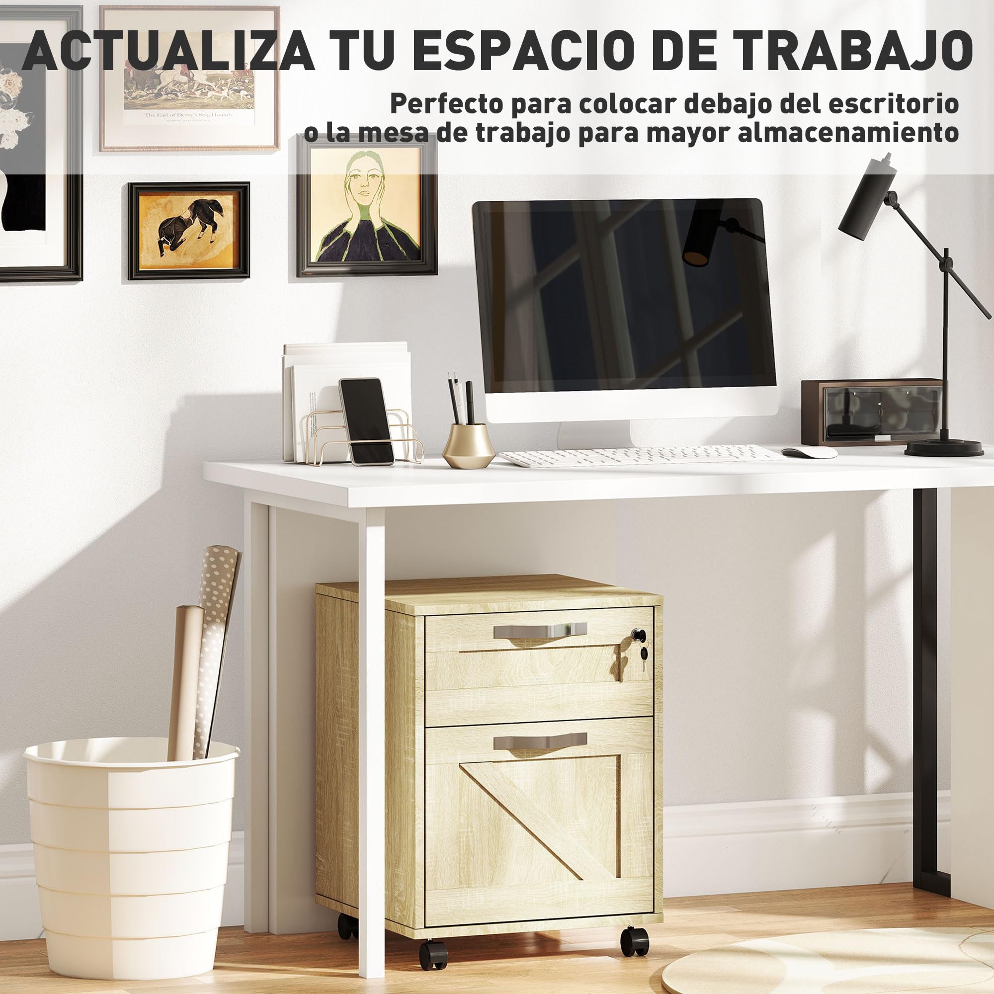 Vinsetto Cajonera de Oficina con 2 Cajones Cajonera con Ruedas Mueble Archivador Móvil con Cerradura y Carpetas Colgantes para Tamaño A4 41x42x56 cm Natural