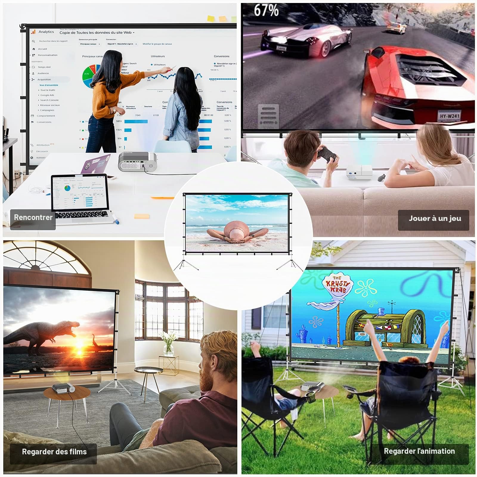 Vamvo extérieur/intérieur Vidéoprojecteur écran avec support pliable portable film d'écran 304,8 cm (16 : 9) Full-set Sac pour le camping et les événements de loisirs Home Cinéma 100inch