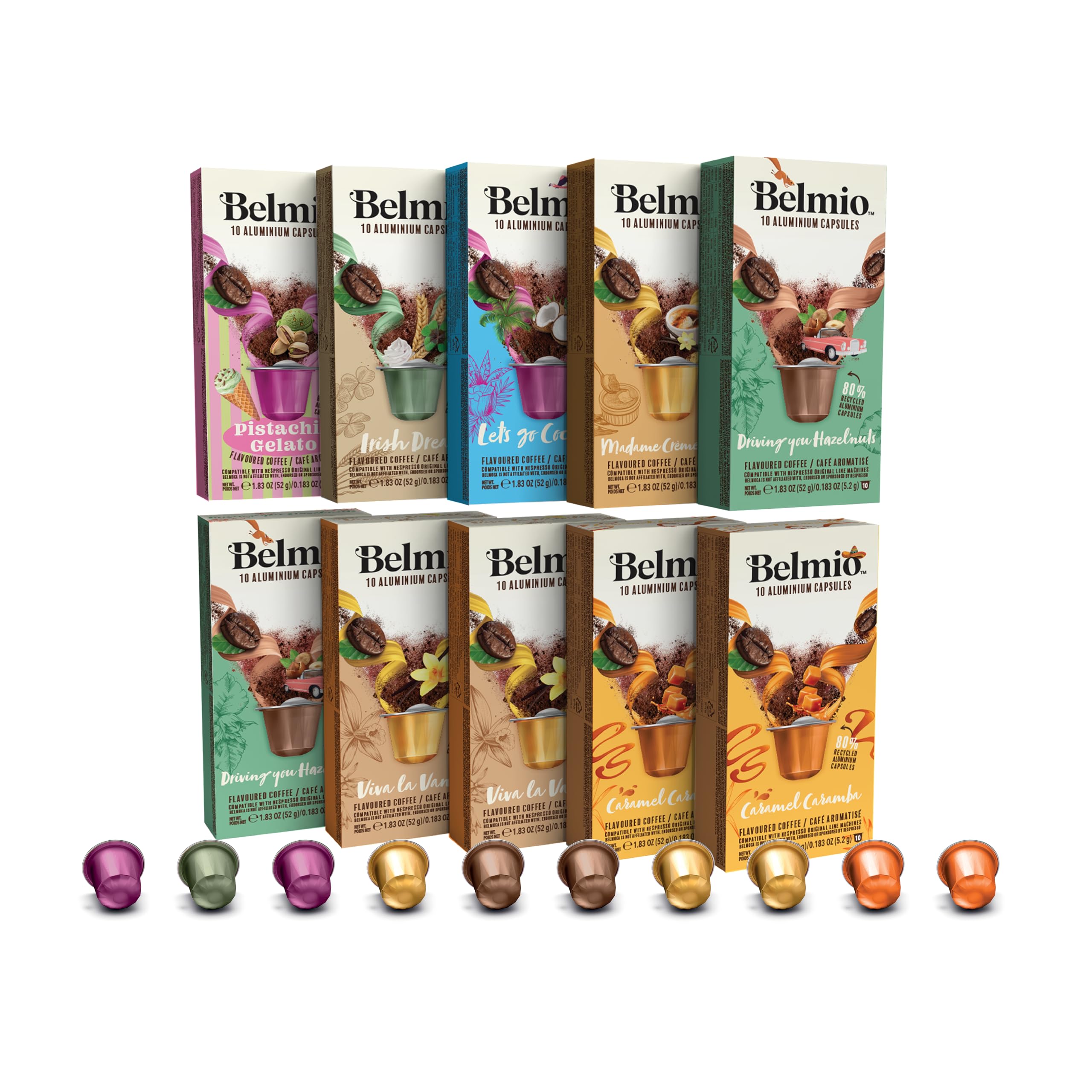 Belmio Cápsulas Nespresso Compatibles, Pack Variedad de Sabores, Café de Tueste Medio, Intensidad 6, Calidad Belga Auténtica, 7 Sabores, 100 Cápsulas
