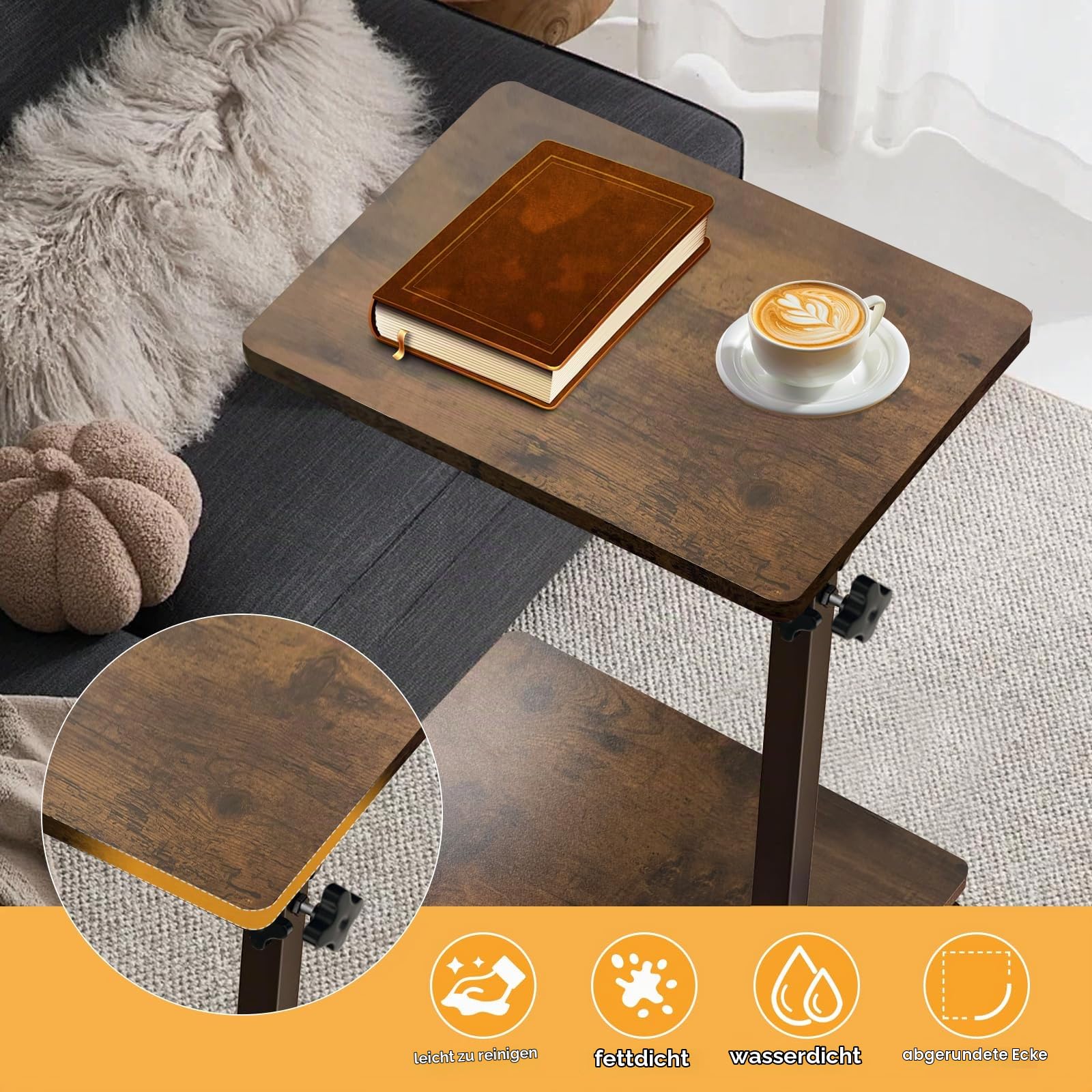 Beistelltisch Höhenverstellbar mit Rollen Kleiner Beistelltisch C Form Couchtisch Sofatisch Side Table 360° Rotierend Betttisch für Sofa Bett Wohnzimmer und Schlafzimmer Retro-Braun
