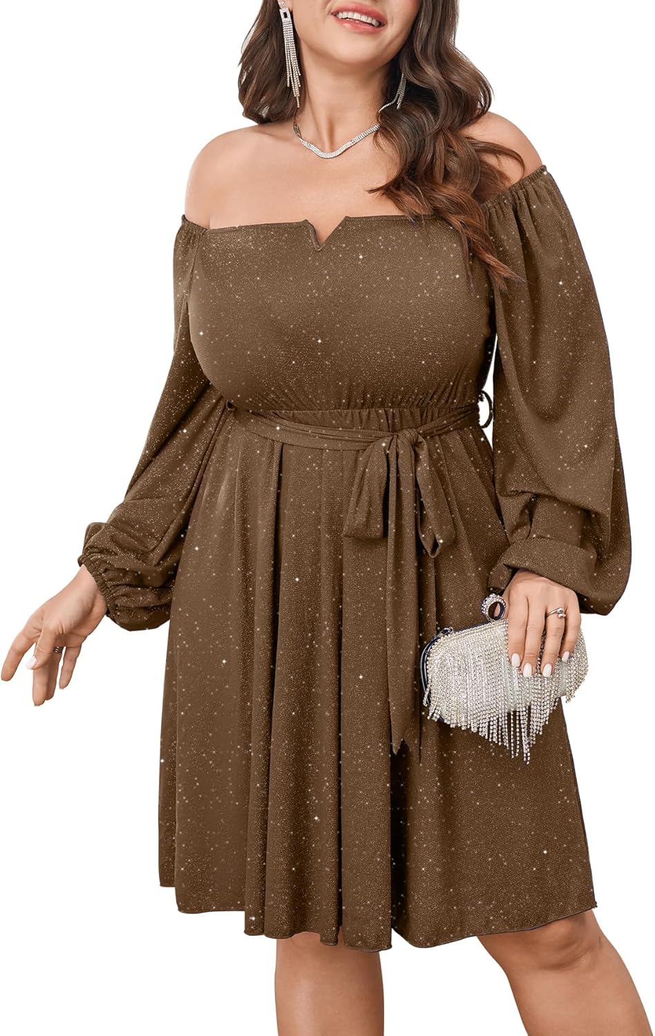 SCOMCHIC Plus Size Womens Sequin Glitter Mini Dress Off Shoulder Long Sleeve A-Line Club Cocktail Party Dresses with Belt