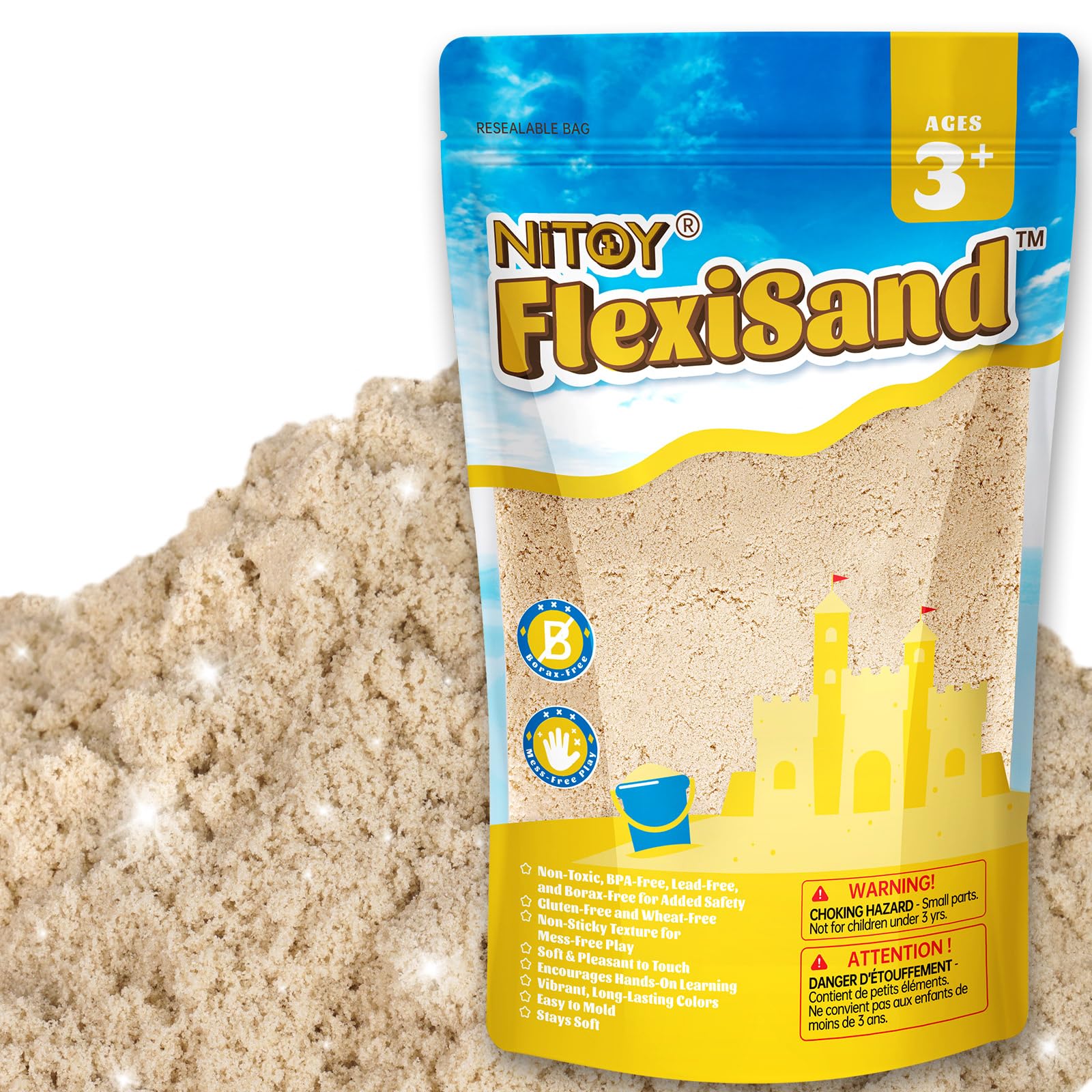NiToy FlexiSand - Arena de juego de 2.2 libras, nunca se seca, para niños de 3 años en adelante, repuesto a granel para juguetes sensoriales de caja de arena, ideal para dar forma, apretar y moldear
