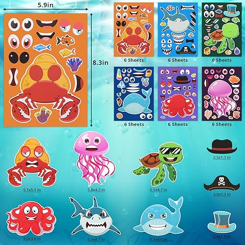 Miniatura 7 de 36 hojas de calcomanías para hacer una cara para niños, calcomanías de animales marinos del océano para niños, calcomanías de caras para niños de 4