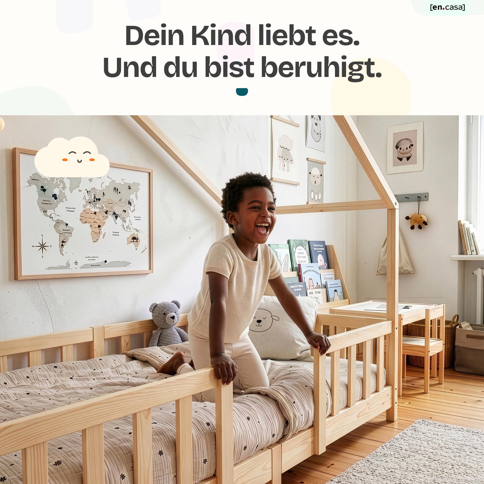 [en.casa] Kinderbett Treviolo mit Matratze 90 x 200 cm Hausbett Holzbett für Kinder mit Rausfallschutz Montessori Bettgestell mit Lattenrost Spielbett Kiefernholz Holz Natur