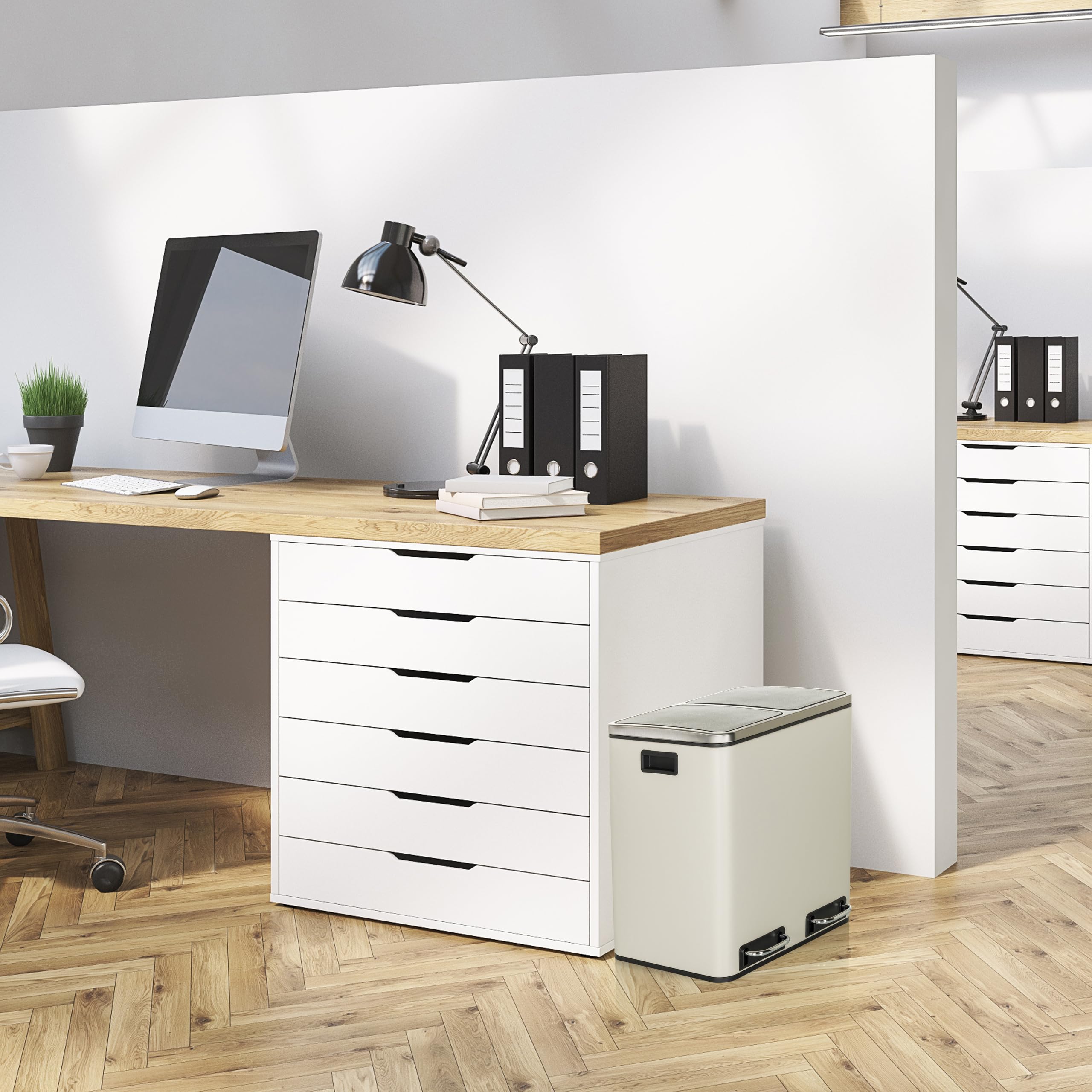 hjh OFFICE Cubo de basura 2x15L CLEAN IX Sistema de separación de residuos con 2 compartimentos, cubo de basura de pedal con cierre suave, metal beige