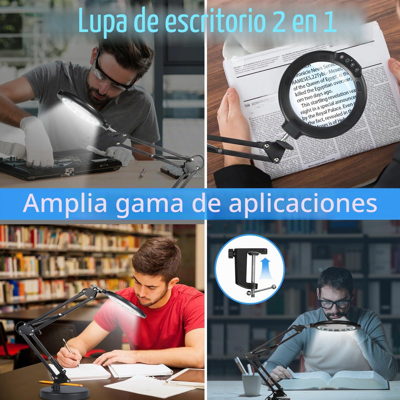 12X Lupa grande con luz y soporte, lámpara de escritorio iluminada con 5 modos de color 10 brillo regulable, lupa con luz manos libres con abrazadera para leer reparación cerrar trabajo