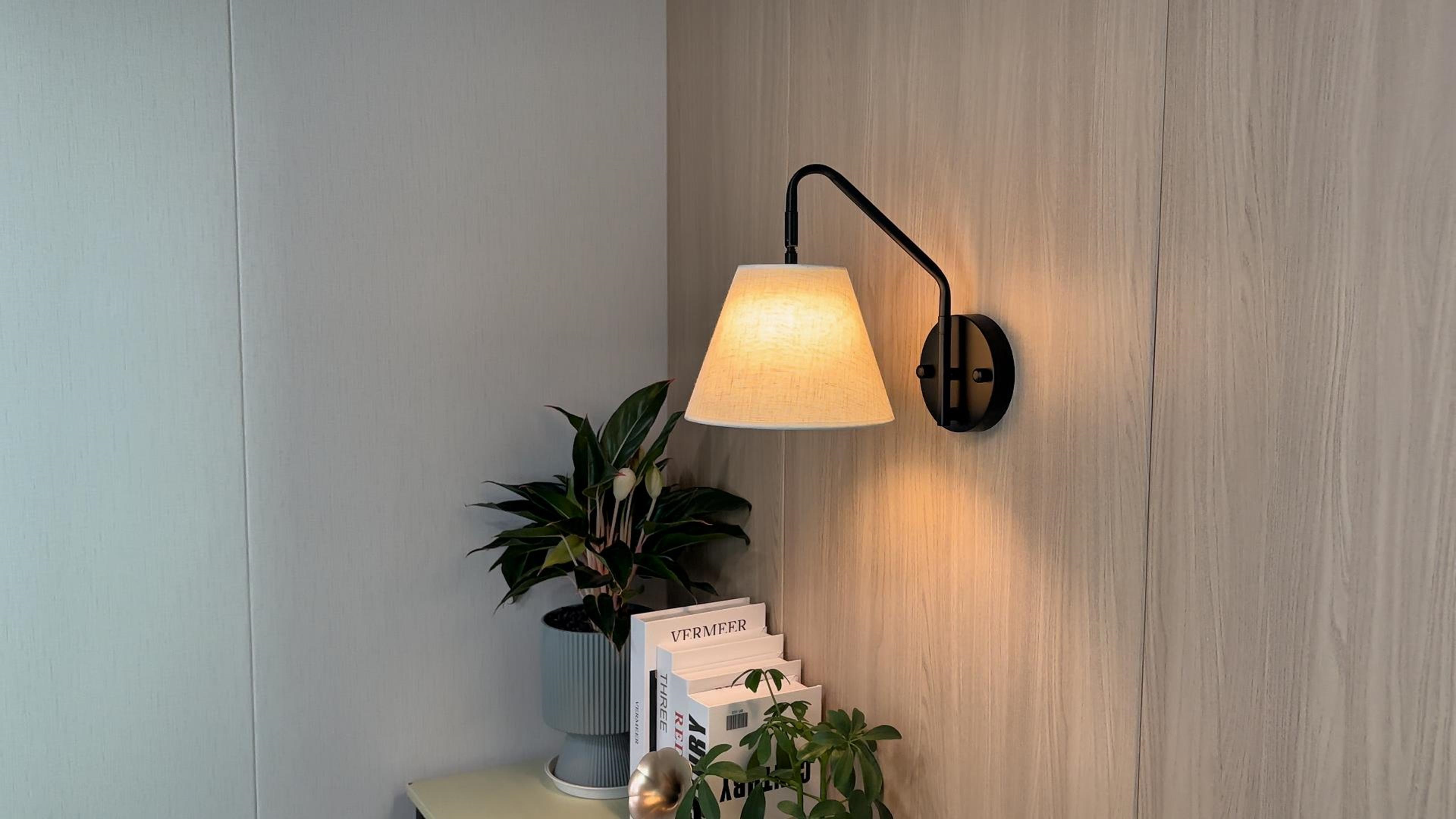 Image of Black Wireless Wall Sconces Set of Two, Swing Arm Battery Wall Sconce, Battery Operated Wall Sconce with Remote, Battery Sconces with Linen Lampshade, Rechargeable Wall Lights for Living Room