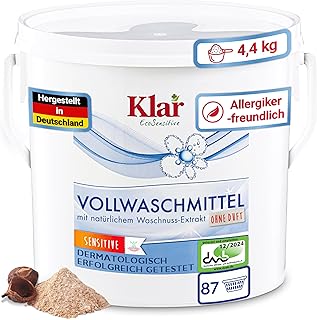 Klar Vollwaschmittel Pulver Sensitive 4,4kg - 80 Ladungen - Allergiker Waschpulver ohne Duft - Bio Waschmittel Pulver mit natürlichem Waschnuss Extrakt - VEGAN & Enzymfrei
