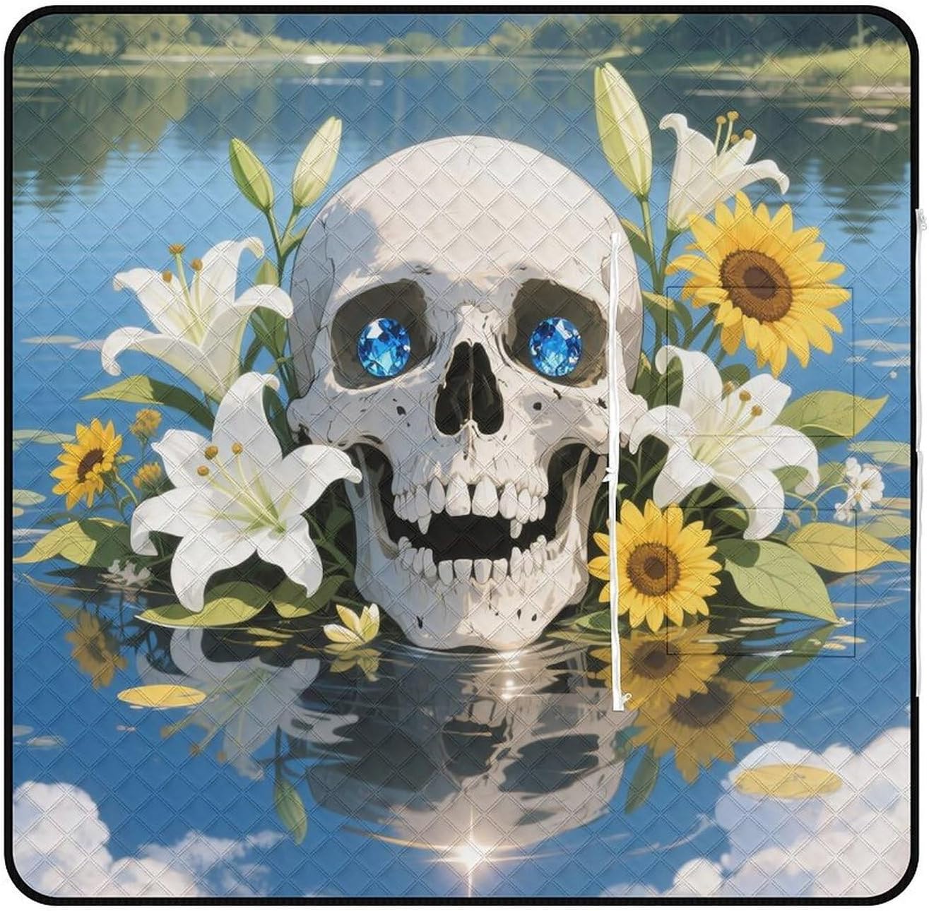 Human Skull Flowers Leaves Picnic Blanket 150x150cm, Foldable 2-in-1 Picnic Mat and Tote Bag Portable Waterproof Beach Mat Sandproof Outdoor Blanket for Park, Hiking, Beach, Camping, Travel
