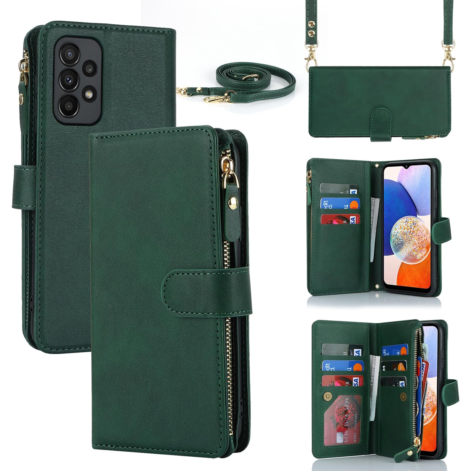 Jaorty Compatible with Samsung Galaxy A23 5G Wallet Case for Women Men with Card Holder,Galaxy A23 Crossbody Phone Cases with Shoulder Strap,Zipper Pocket PU Leather Kickstand Purse,6.6" Dark Green
