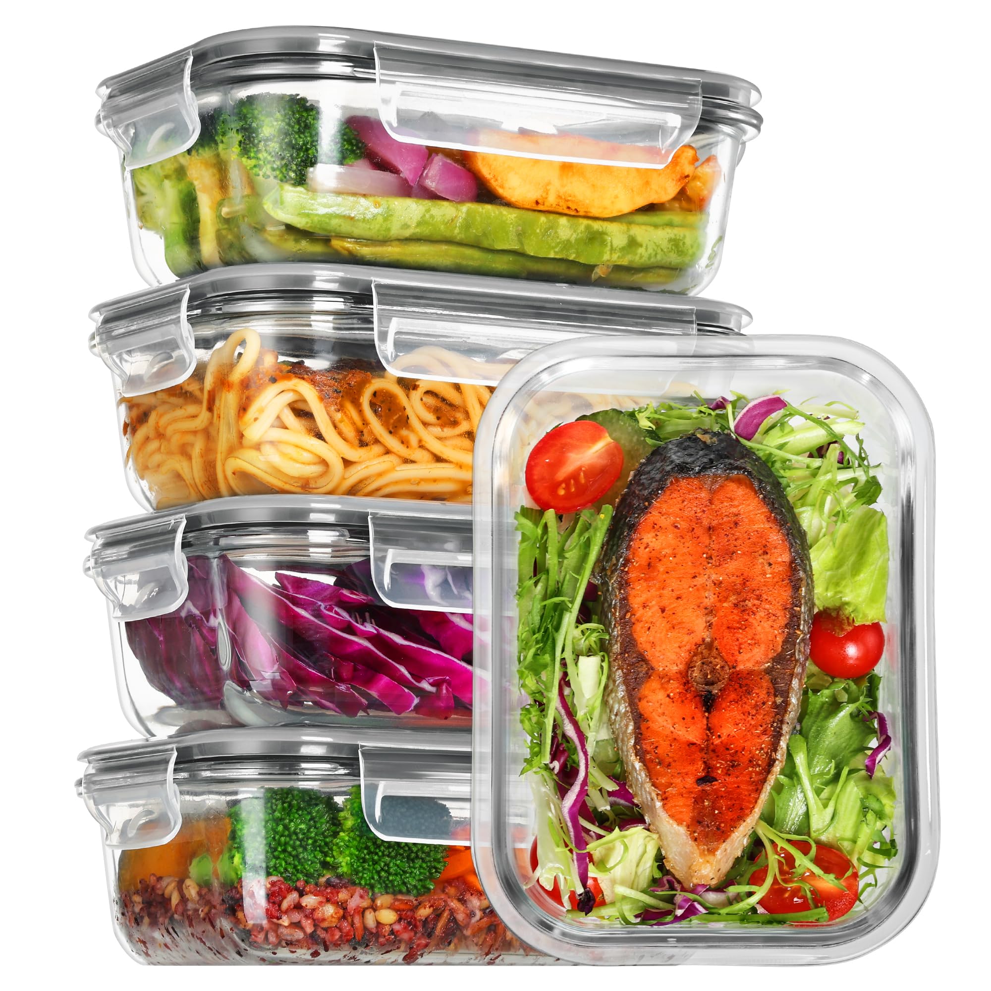 Vtopmart Vorratsdosen aus Glas mit Deckel, 625 ml, Lebensmittelbehälter, Bento-Box mit luftdichten Schnappdeckeln für Mikrowelle, Backofen, Gefrierschrank und Spülmaschine, 5 Stück