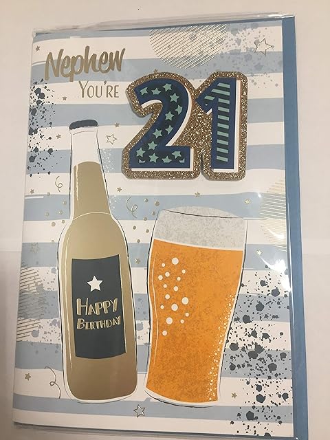 Nephew You're 21 Happy Birthday Card Age 21 21st Twenty-One White/Blue/Gold Beers/Stripes 3D/Glitter/Foil Detail(PRELUDE45635)