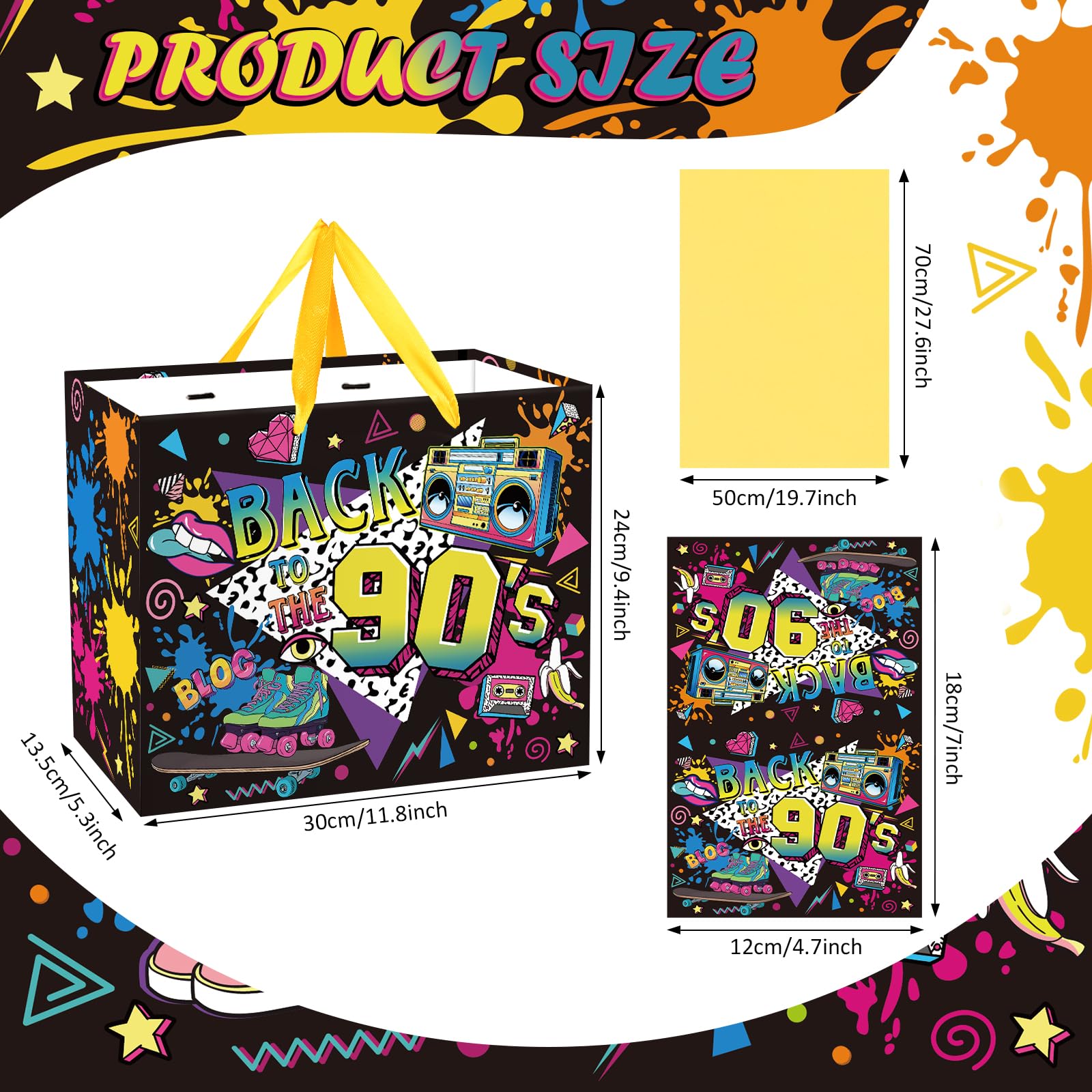 80s Birthday Gift Bag for Men Women, Retro 1980s Themed Party Favor Bags with Tissue Paper Greeting Card Back to The 80s Wrapping Paper Bag for Neon Hip Hop Rock Hippie Christmas Party Favor Supplies