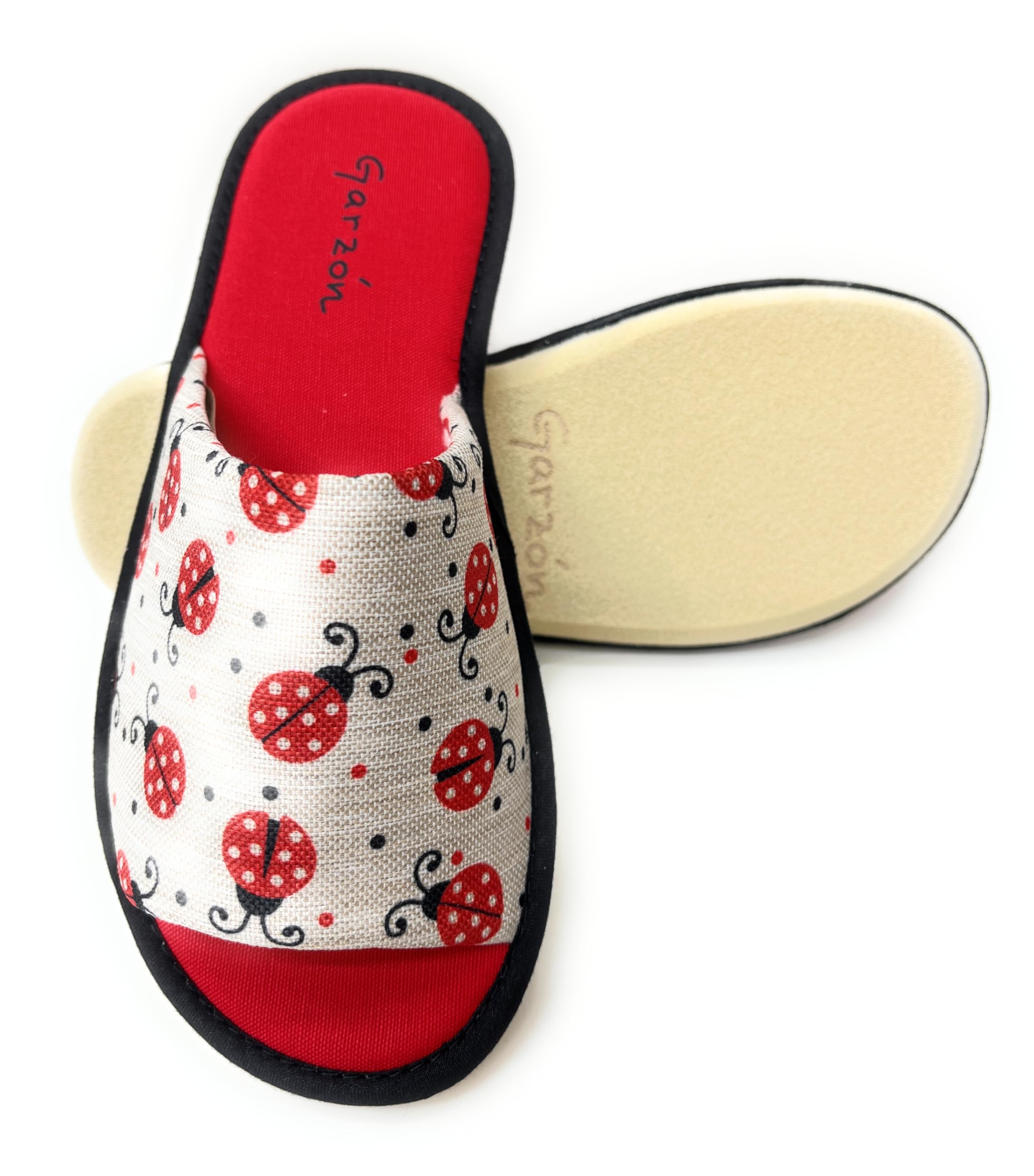 GARZON Garzón.Pantuflas Abiertas para Mujer, Diseño de Mariquitas Rojas,Zapatillas de Casa.Verano.Suela Especial Parquet.