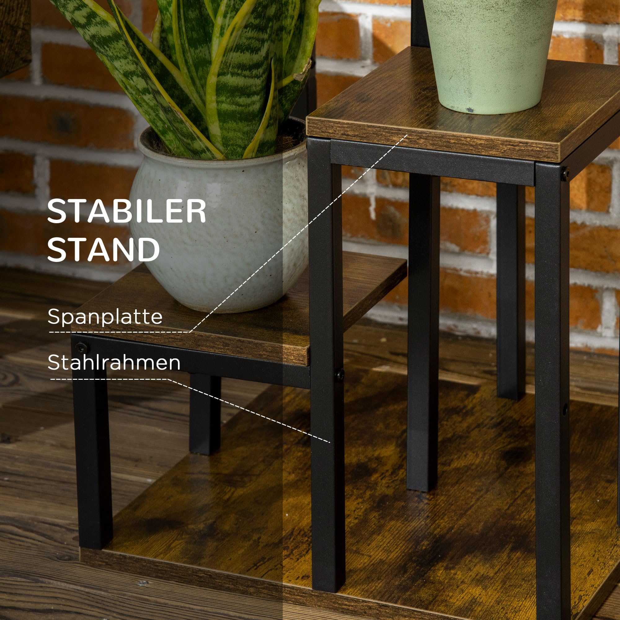 Outsunny 4-Etagen Pflanzenständer Blumenständer 81cm Innen/Außen Braun | Stahl, Mehrstöckig Blumenhocker, Pflanzenregal Blumentreppe, Blumentopfständer, Wohnzimmer, Garten, Balkon