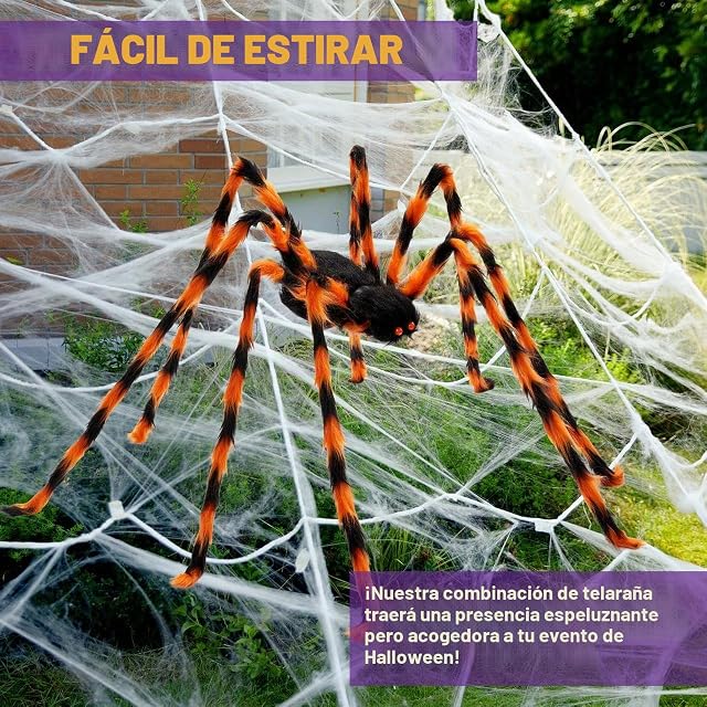 Foto 2 de 8 de JOYIN Red de araña de Halloween para decoración al aire libre, 150 cm, araña gigante de 4,0 x 4,8 m