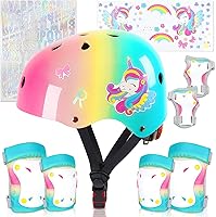 Vista 13 de Casco para niños, casco de bicicleta para niños pequeños con pegatinas DIY Unicornio, rodilleras y coderas ajustables, juego de protección