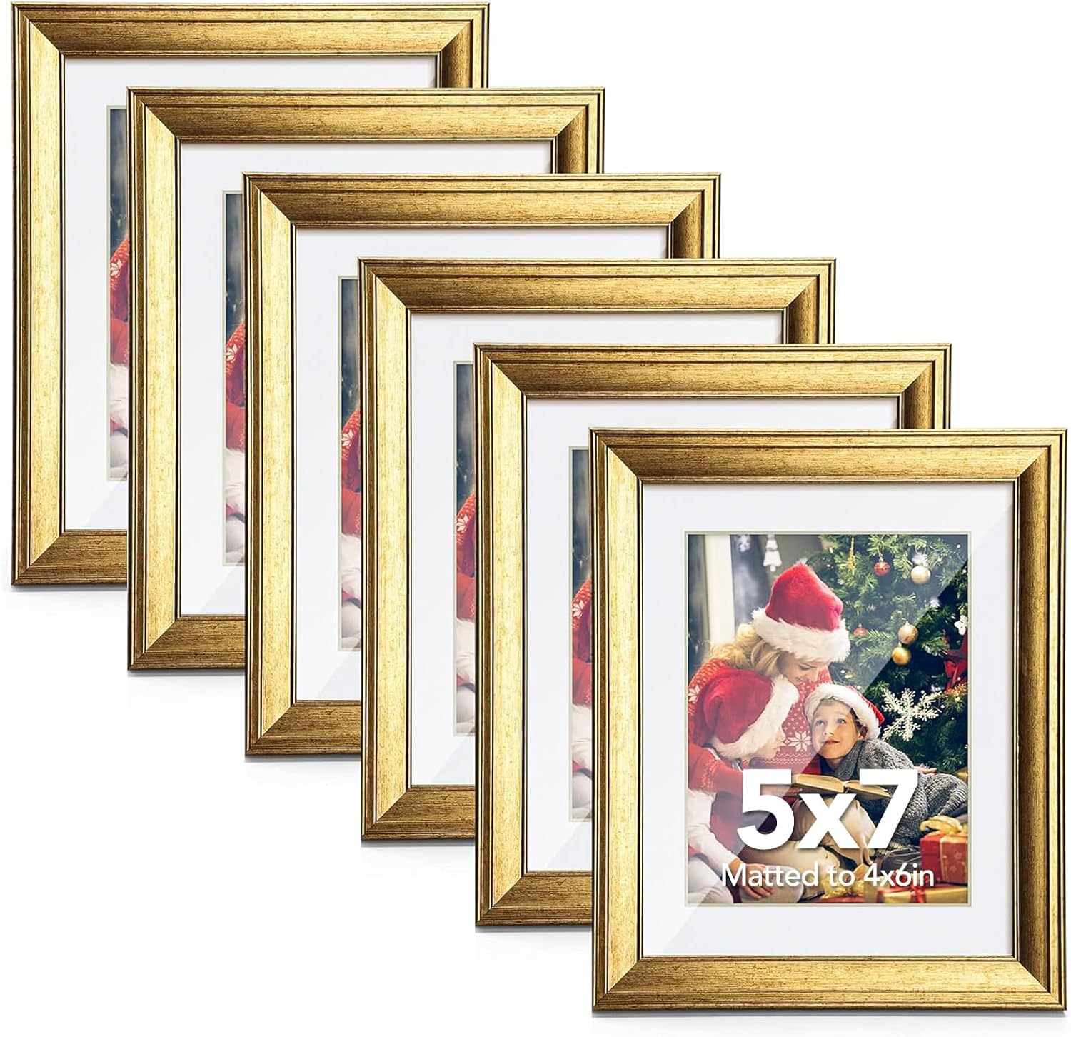 SYNTRIFIC 6PC 5x7in Gold Frames, Vintage Gold Picture Frames for Wall Mounting and Tabletop Display