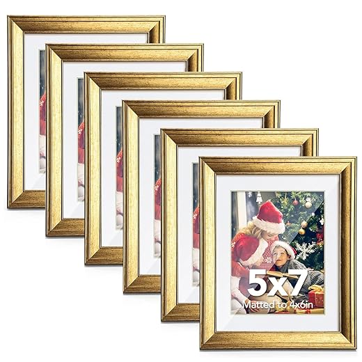 SYNTRIFIC 5x7 Gold Picture Frames Set of 6,Display Pictures 4x6 with Mat or 5x7 Without Mat,Collage Photo Frames for Tabletop Display and Wall Mounting,Set for Wall Gallery