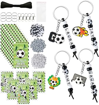 Y1tvei Soccer DIY Keychains Set - Football Beads Charms Making Kit, Create Your Own Bead Keychains with Acrylic and Cards DIY Crafts Bracelet Accessory Gift for Kids Soccer Lover Zipper Bag Hanger Key