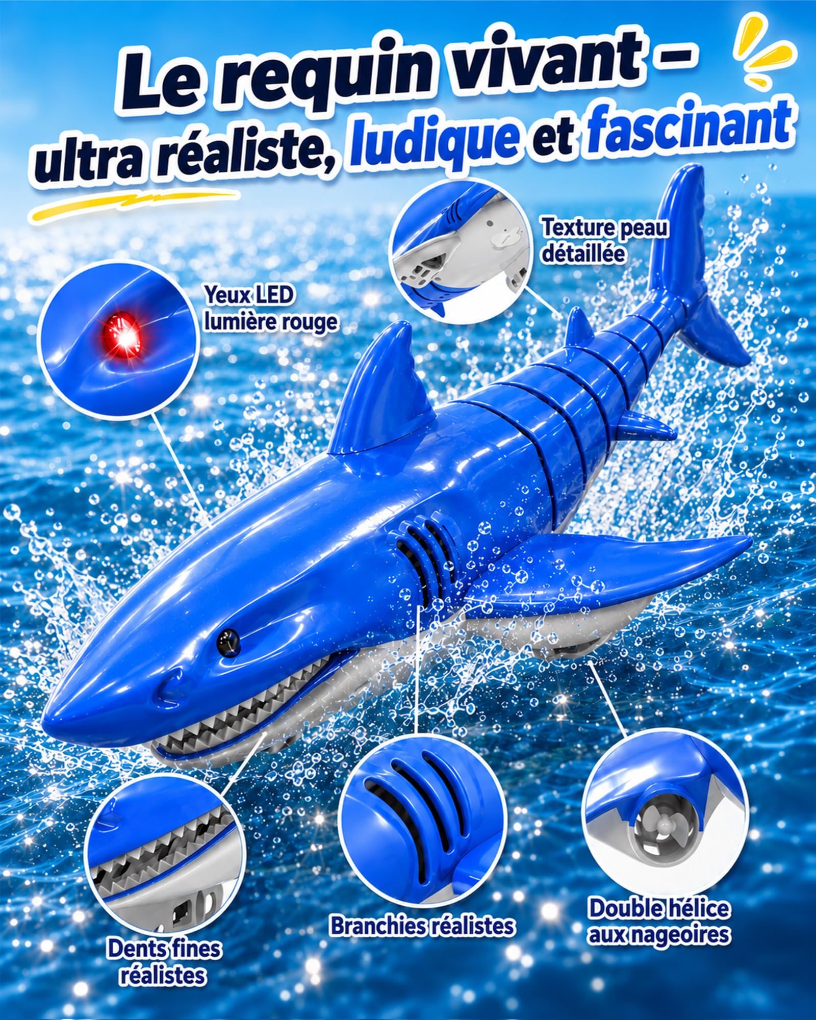 KOKODI Requin Robot télécommandé Lumineux pour Enfants dès 3 Ans – Jouet Aquatique étanche pour Piscine et Bain d'été, télécommande imperméable, Cadeau d'anniversaire Mixte garçon Fille