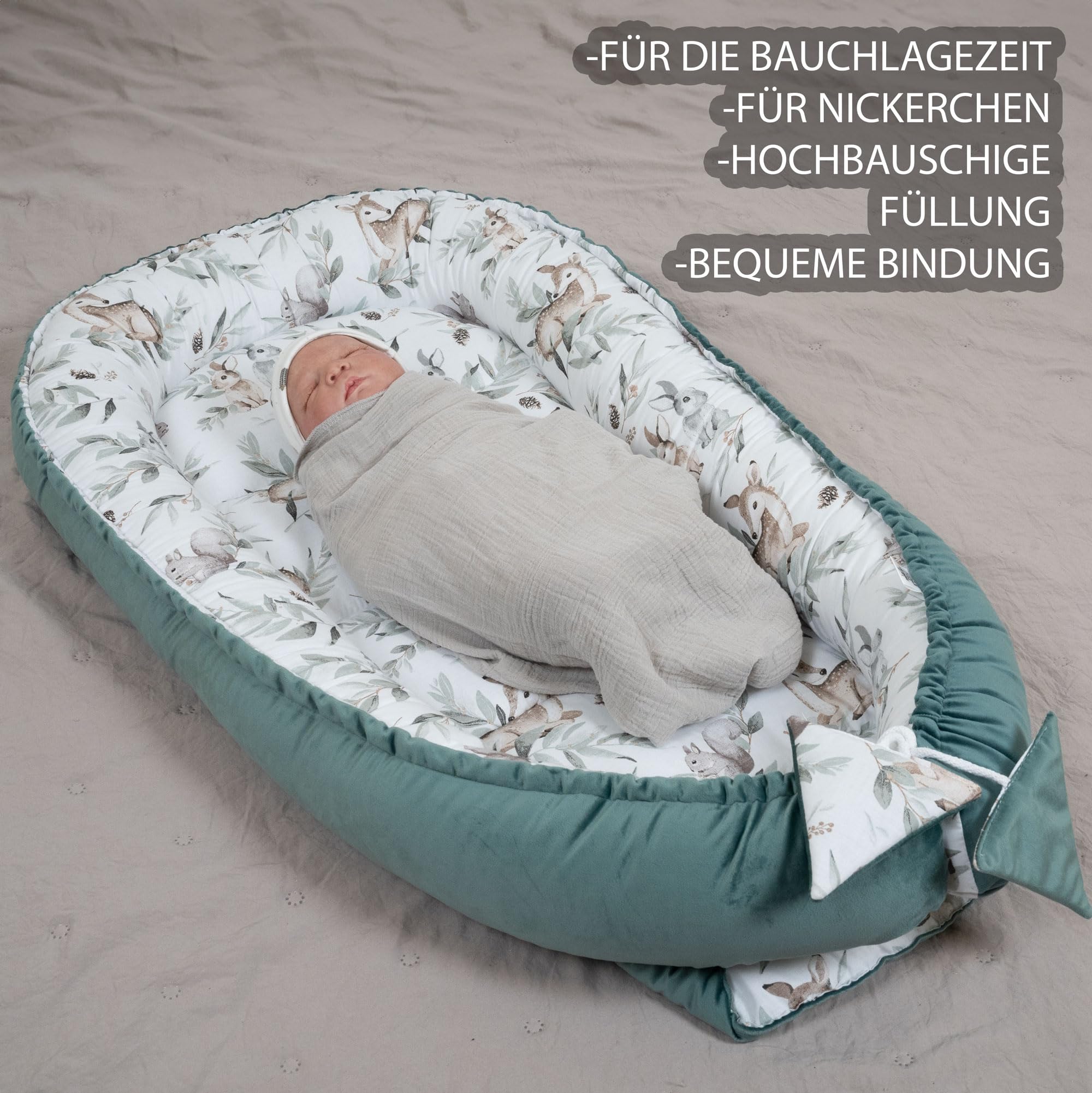 PaLulli Kuschelnest 2-seitig Babynest Babynestchen Baby Nest Nestchen Reisebett Wickelauflage Kuschelbett, Kokon Kokon für Babybett - Babys und Säuglinge, 100% Baumwolle Oeko TEX (Grüne Hirsche)