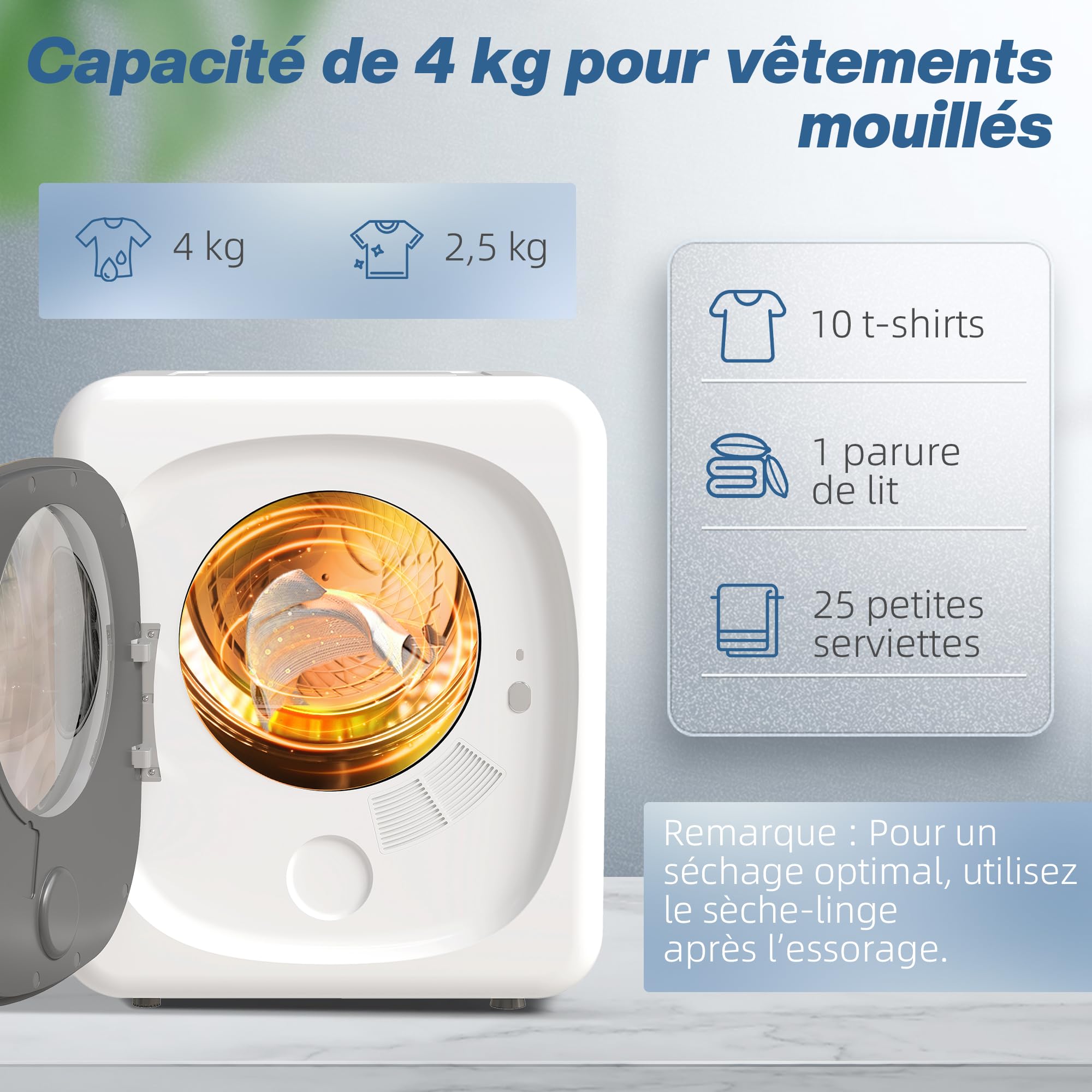 HOMCOM Sèche-linge à évacuation portable 4 Kg 800 W compact 5 modes de séchage capteur intelligent minuterie tambour réversible acier inoxydable blanc