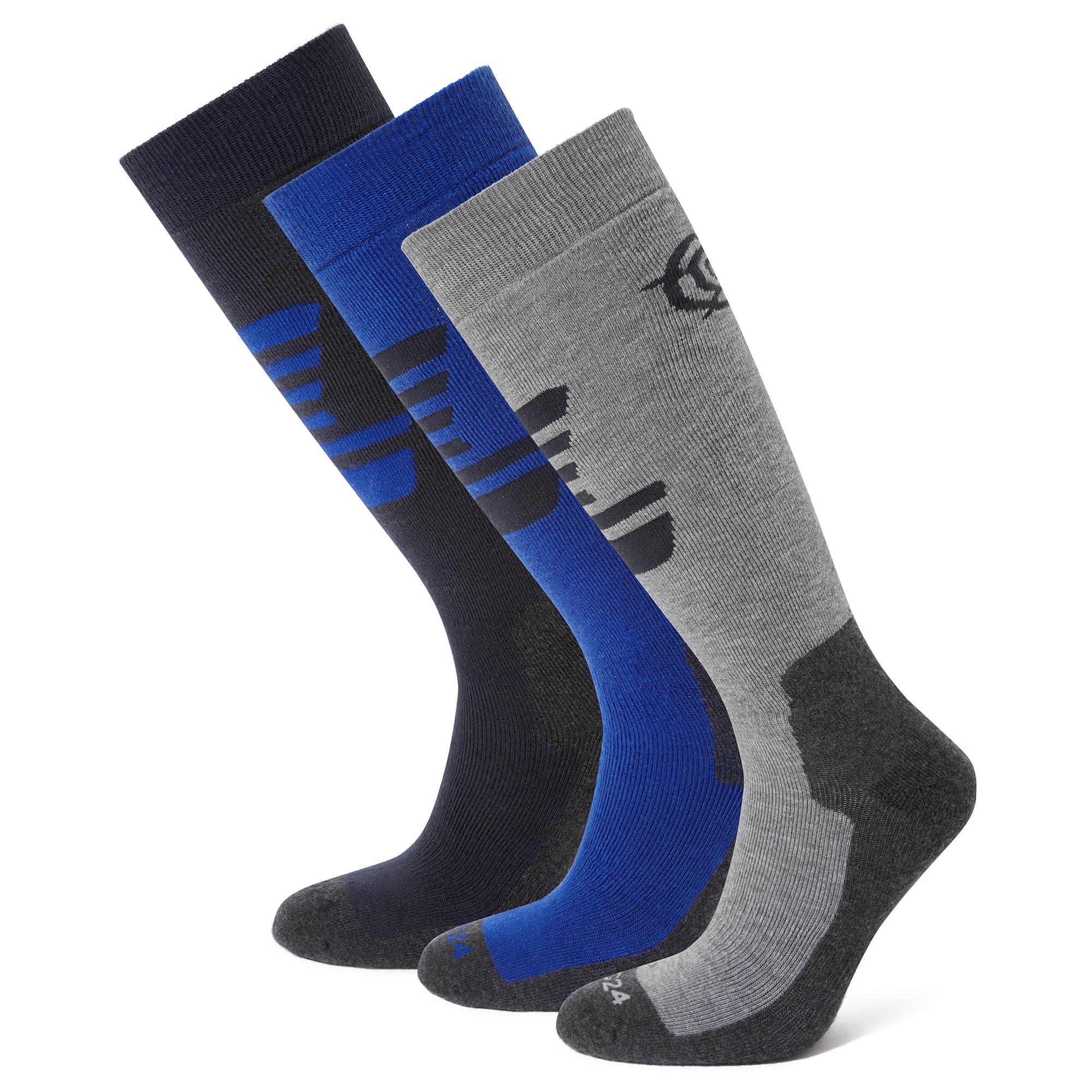 Tog24 Unisex Dark Indigo/Royal Blue/Light Grey Marl Bergenz Ski Socks 3 Pack. Padded Ski Socks With Targeted Cushioning, Non-Slip Grip Cuffs, Re-Inforced Toe & Heel Plus Elastic Arch & Ankle Support. 3 Pack Mens Ski Socks. 3 Pack Womens Ski Socks