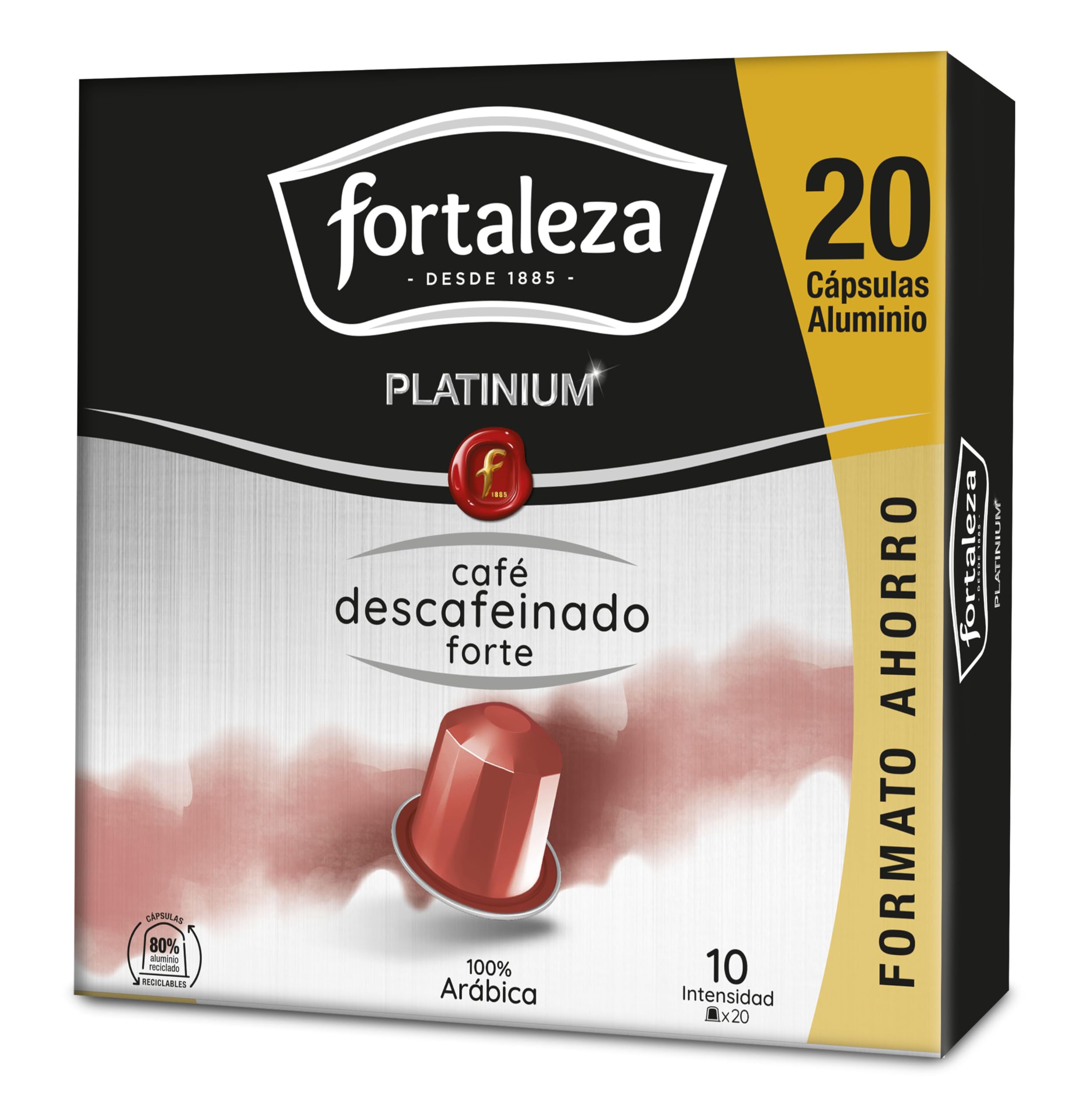 CAFÉ FORTALEZA Cápsulas Aluminio Compatibles con Nespresso Descafeinado Forte Pack 8x20 - Total 160 uds - Cápsulas Café Descafeinado Intenso con Tueste Natural - Cápsulas de Café Reciclables