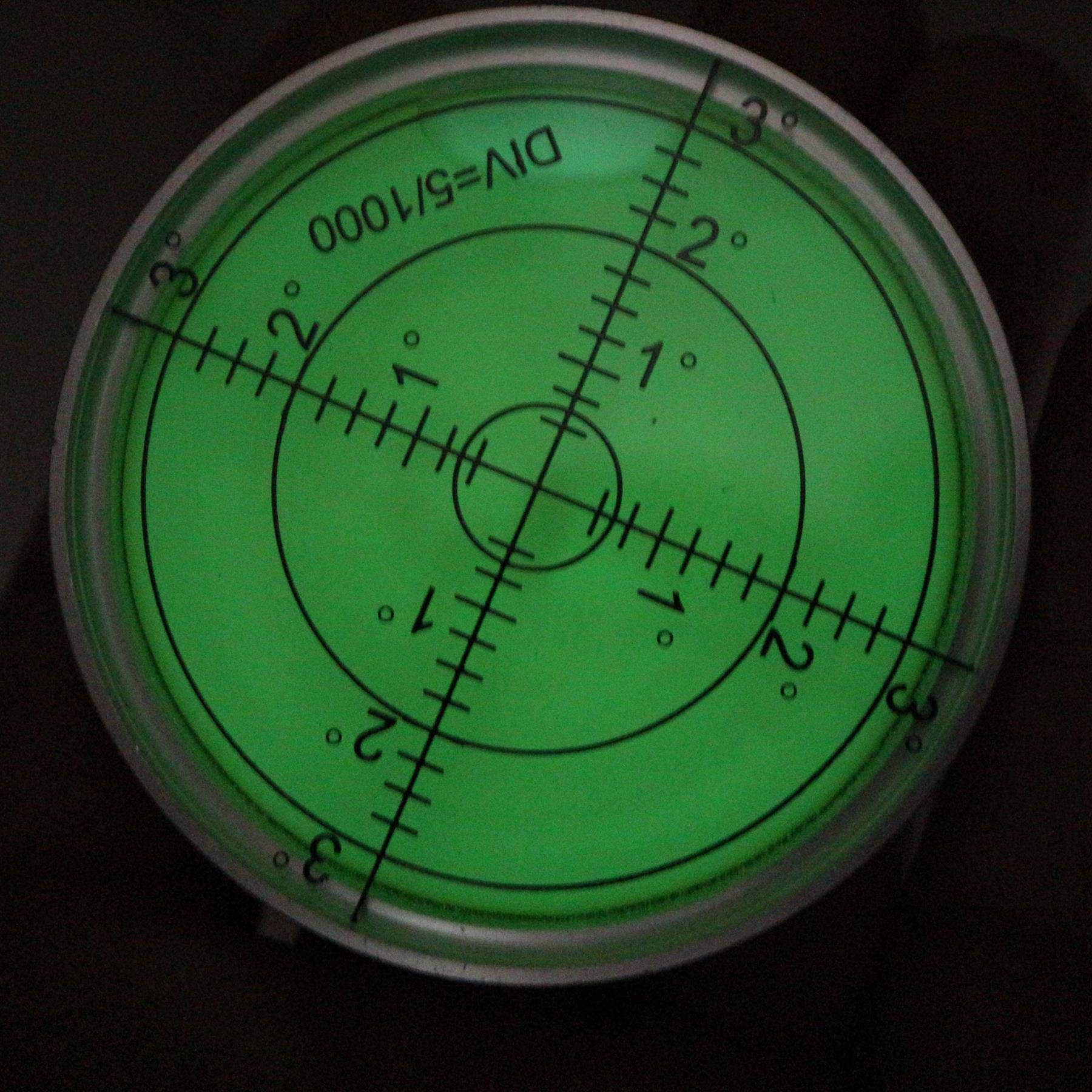 Luminous Metal Large Spirit Bubble Level 60mm Diameter, Degrees, Circular, Surface Level - Metal Housing, Bulls Eye Bullseye Vial Round, Green/Silver