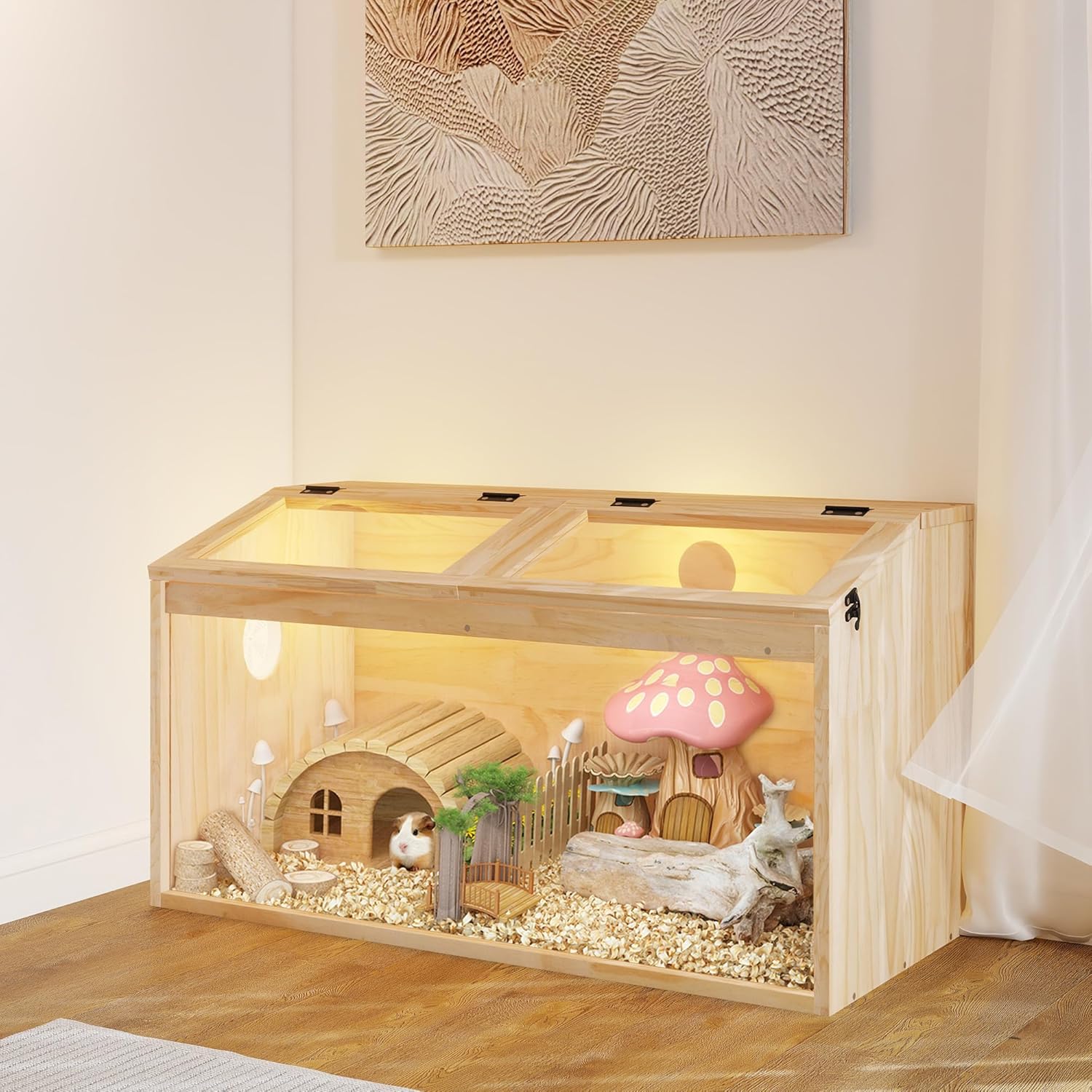 COZIWOW Wooden Hamster Cage, Large Hamster Habitats Enclosure with Acrylic Window & Openable Top, (32" L x 16" W x 16" H) Small Animal Cage for Guinea Pig, Chinchilla, Gerbil