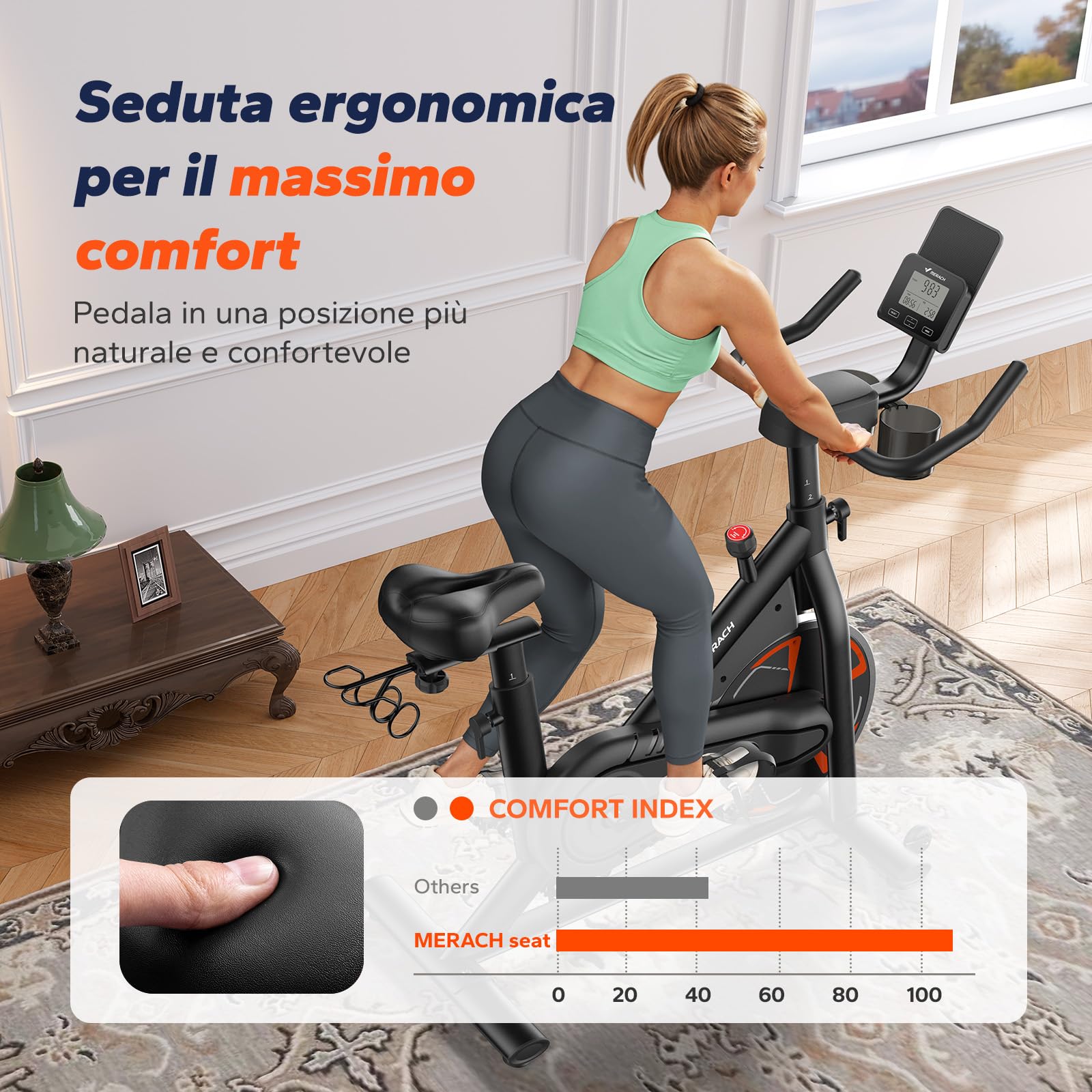 MERACH Cyclette da Casa con Resistenza Magnetica, Bicicletta da Appartamento Silenziosa con Sella a Cuscino d’Aria Ammortizzante, Schermo LCD, App Esclusiva, Telaio a H Stabile, Carico fino a 150KG