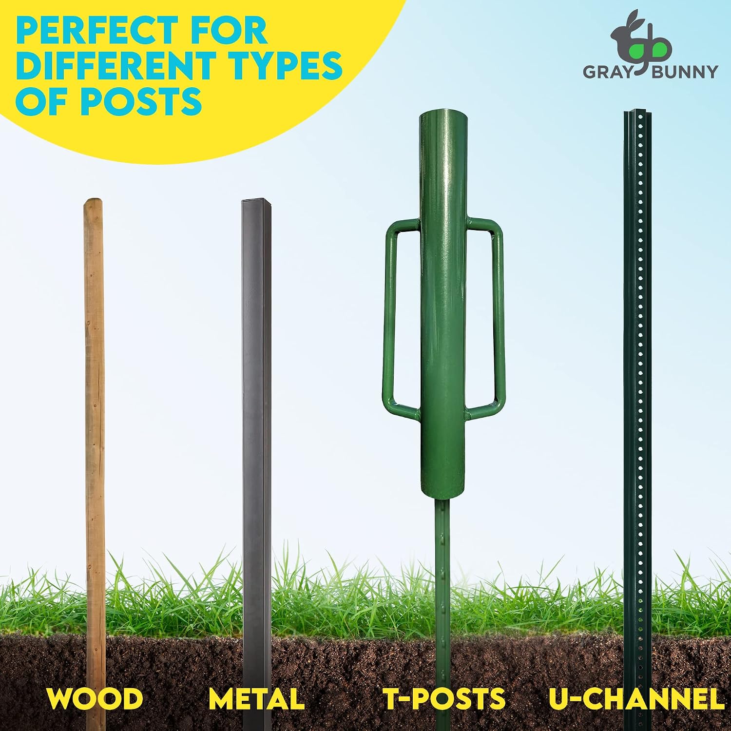 Gray Bunny T Post Driver with Handles, 14LB Heavy Duty Fence Post Driver, Post Pounder for T-Posts, U Channel, Wood, Metal Fence Posts and Signs - Rust Resistant Cast Iron