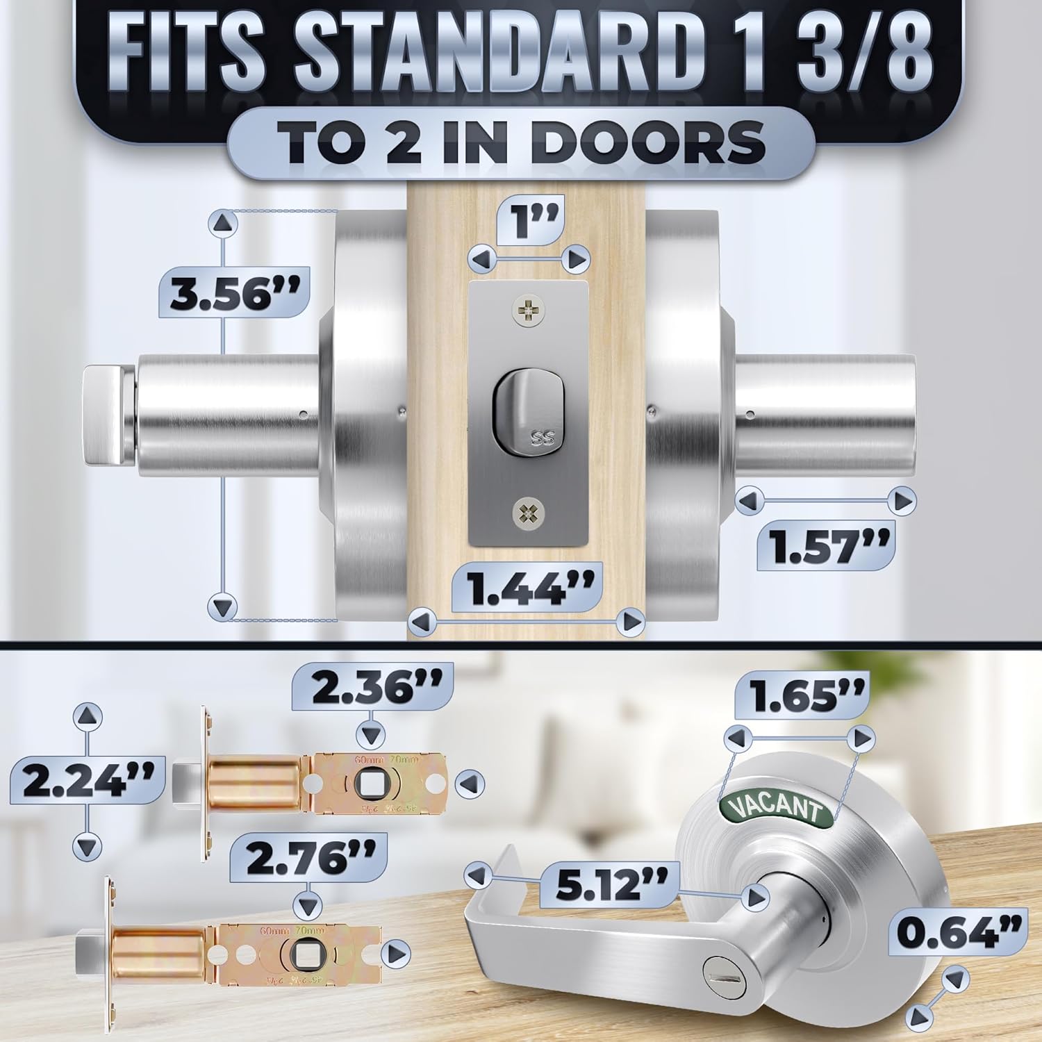 Commercial Door Handle with Lock - Bright Indicator Visible from 50 ft, 304 Stainless Steel, Quiet Rotation, Quick Install, Reversible L/R, Coin Override - Vacant Occupied Bathroom Lock for Restrooms