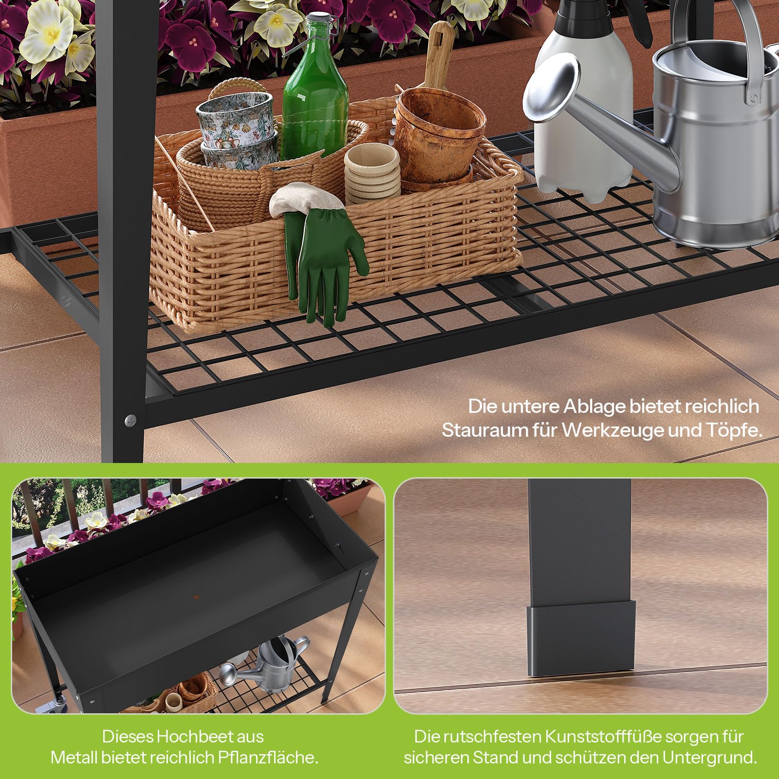 LARMNEE Hochbeet mit Rädern und Ablage, Metall Pflanzenbeet, Pflanzbeet, Gartenbeet, Pflanzkasten, Blumenkasten, Kräuterbeet, Gemüsebeet, 83,5 x 40 x 76 cm, für Terassen, Garten, Schwarz EBK02MP02