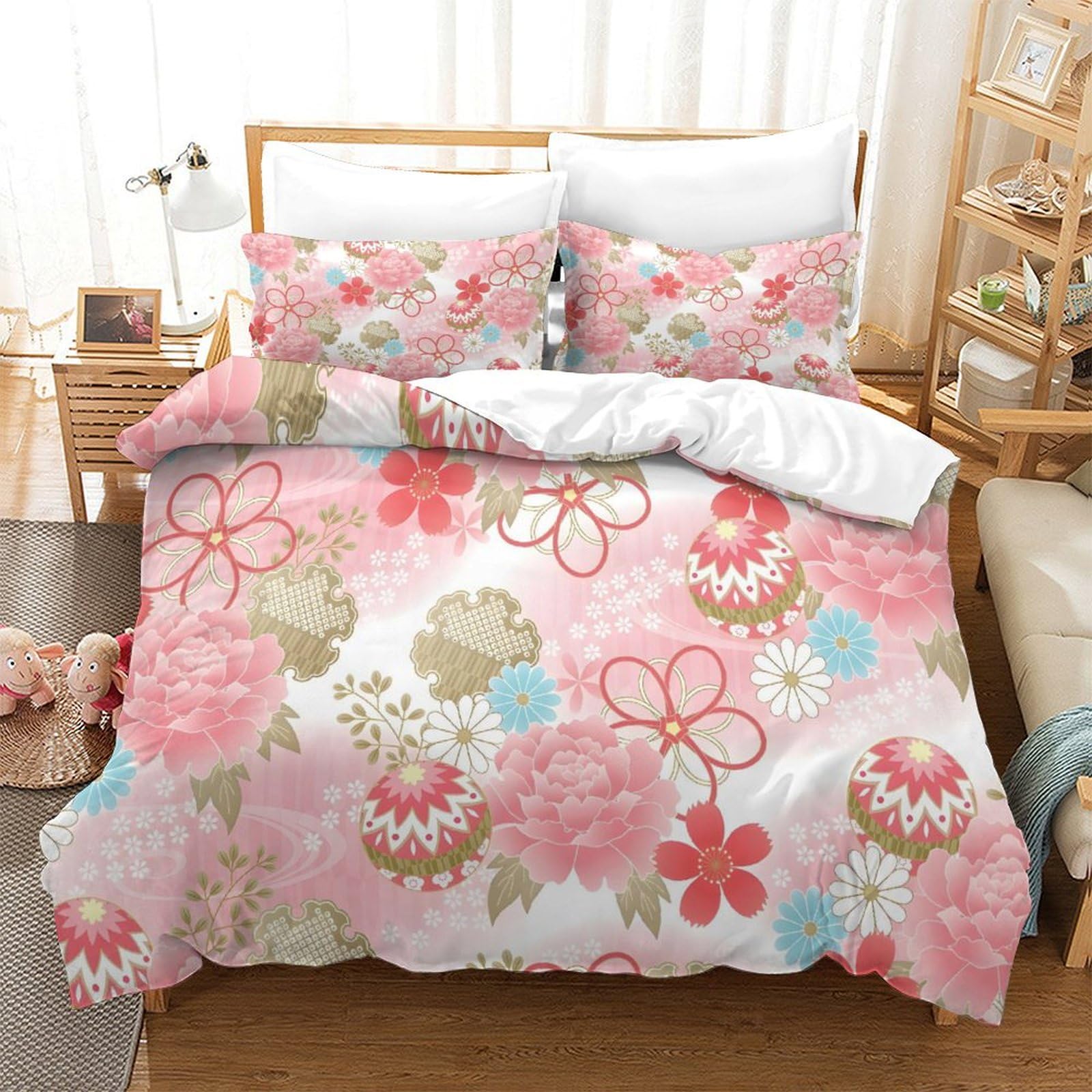 LIAOHENKAN Pink Flower Japanese Kimono 3Pcs Full Size Bedding Set for Kids Boys Girls Breathable 3D Comforter Set with Zipper Closure Ultra Soft Duvet Cover Set Bedclothes Super King（260x220cm）