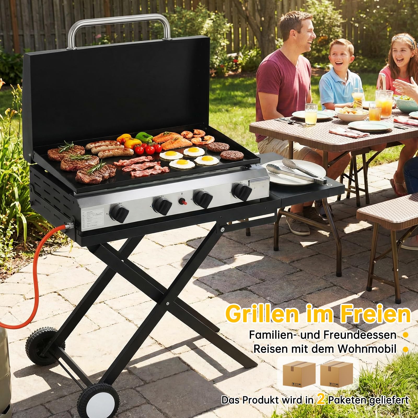 LIFERUN 4 Brenner Gasgrill Edelstahl(9.6kW) inkl. Grilltisch Klappbar, Tragbarer Tischgasgrill mit Separatem Grillständer, Gas Plancha Tischgrill mit Deckel & Grillwagen, für Camping, Terrasse, BBQ