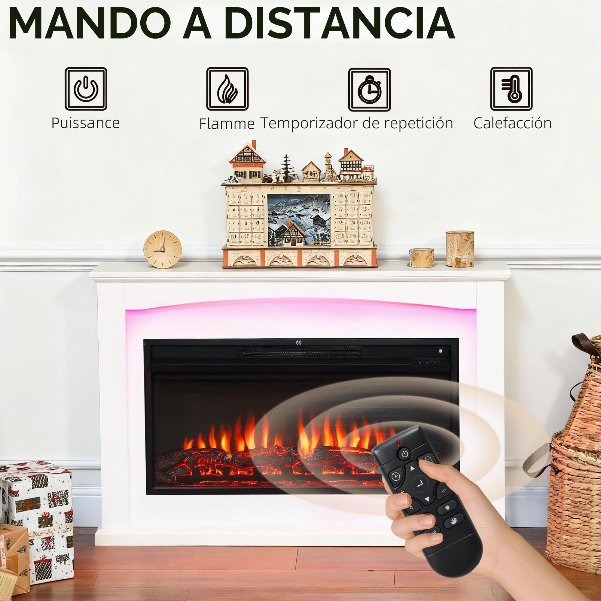 HOMCOM Chimenea eléctrica 1000W/2000W, Efecto Llama con 5 luminosidades Regulables, Chimenea Decorativa de imitación con repisa, termostato Regulable, Mando a Distancia, Temporizador, hasta 30 m²,