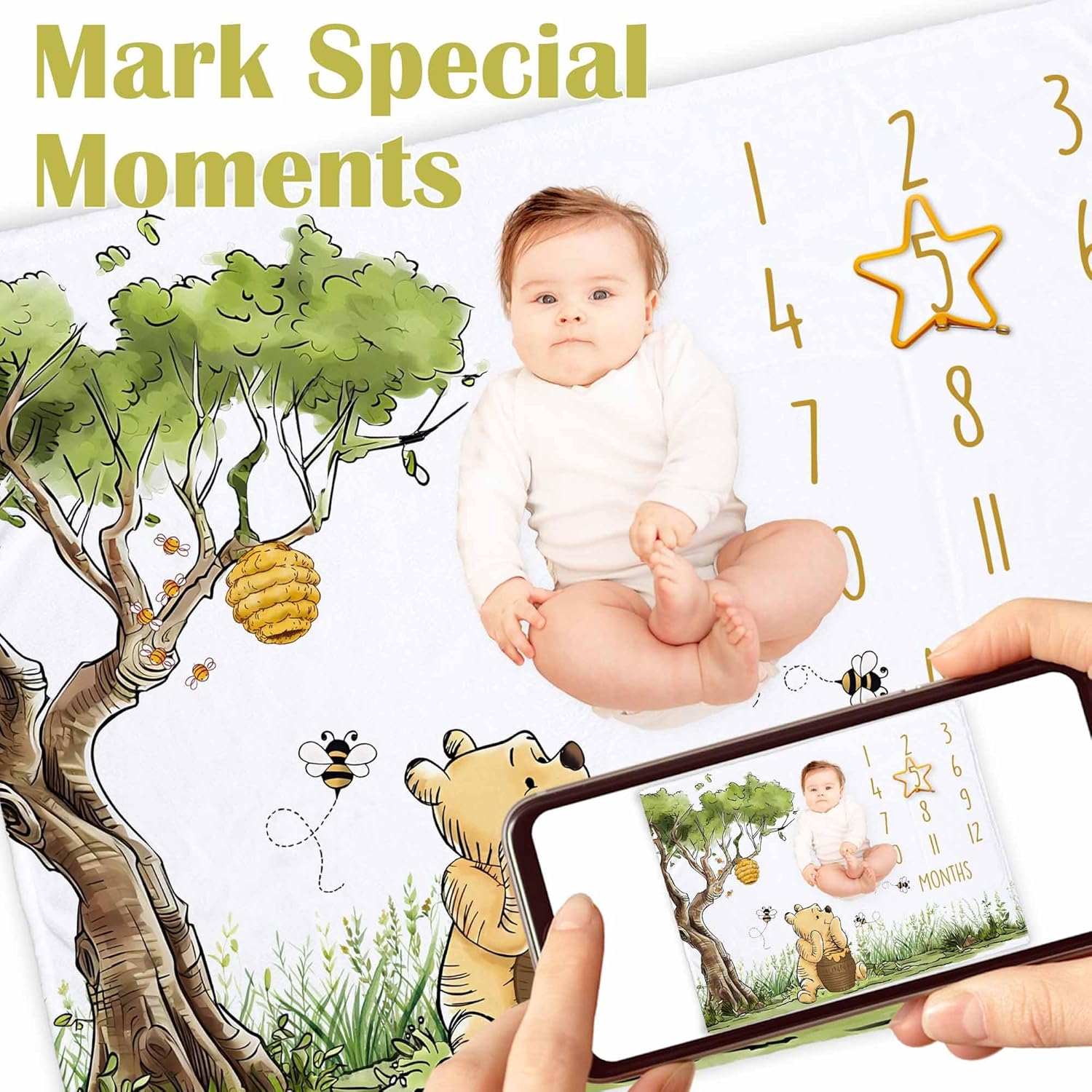 Classic Winnie Monthly Milestone Blanket, Soft Silk Touch Photo Background, Newborn Growth Mat Backdrop - with a Star Marker - Image 3
