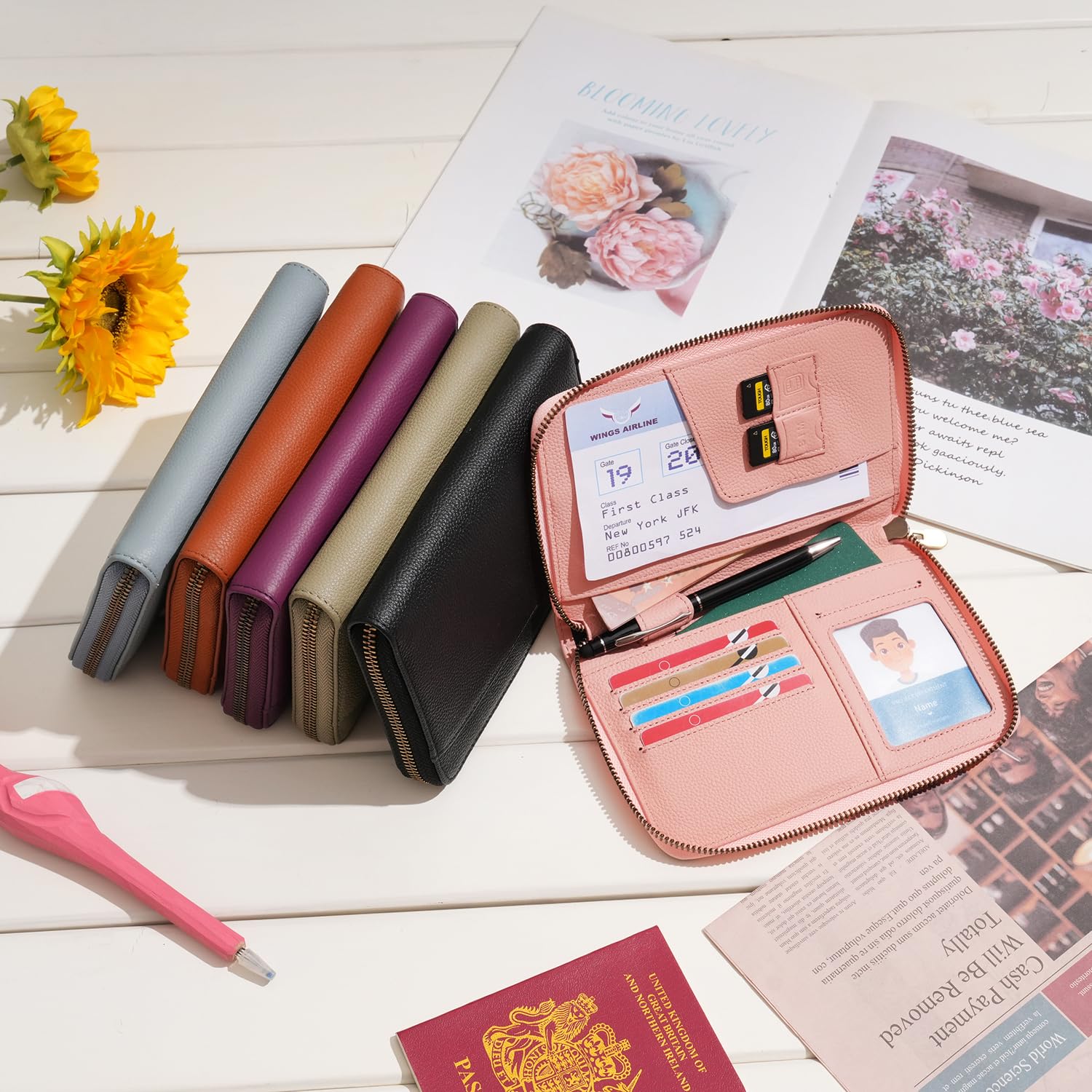 WASON Portefeuille Passeport de Voyage en Cuir avec Fermeture Éclair Protection RFID, Étui Passeport avec Compartiments pour Cartes, Argent, Pièce d'Identité, Carte d'Embarquement et Billets (Rose)