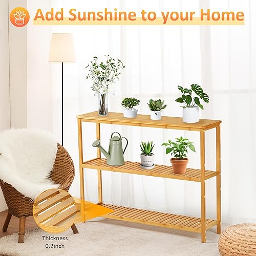 Miniatura 4 de SINWANT Mesas consola para entrada, mesa de entrada de 3 niveles con almacenamiento de zapatos, mesa consola estrecha de bambú para sala de estar,